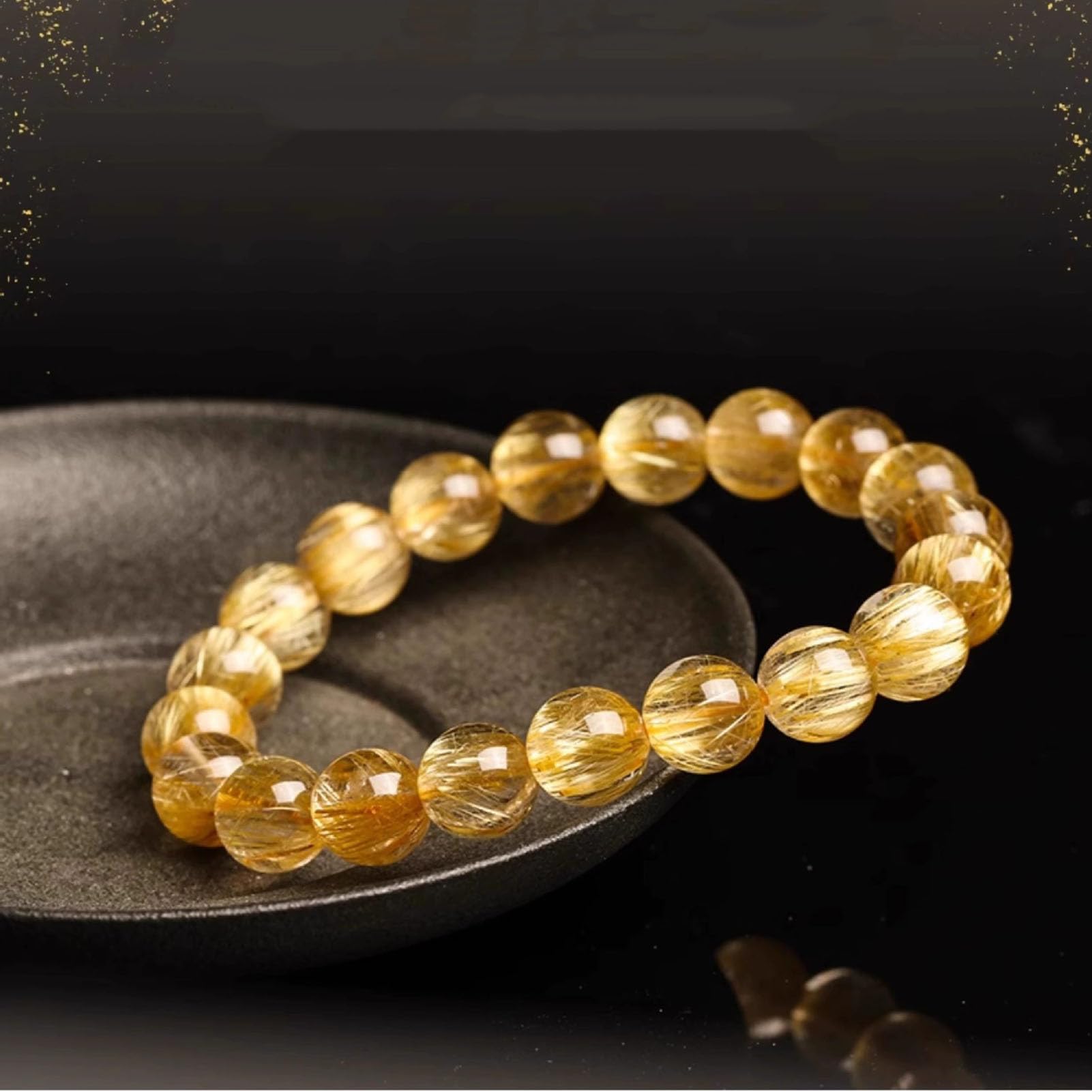 Natürliches Citrin-Gold-Rutilquarz-Armband für Damen und Herren, echte Kristall-Heilperlen, Verstellbarer Stretch-Steinschmuck für Fülle und Positive Energie, Chakra-ausgleichendes,16MM