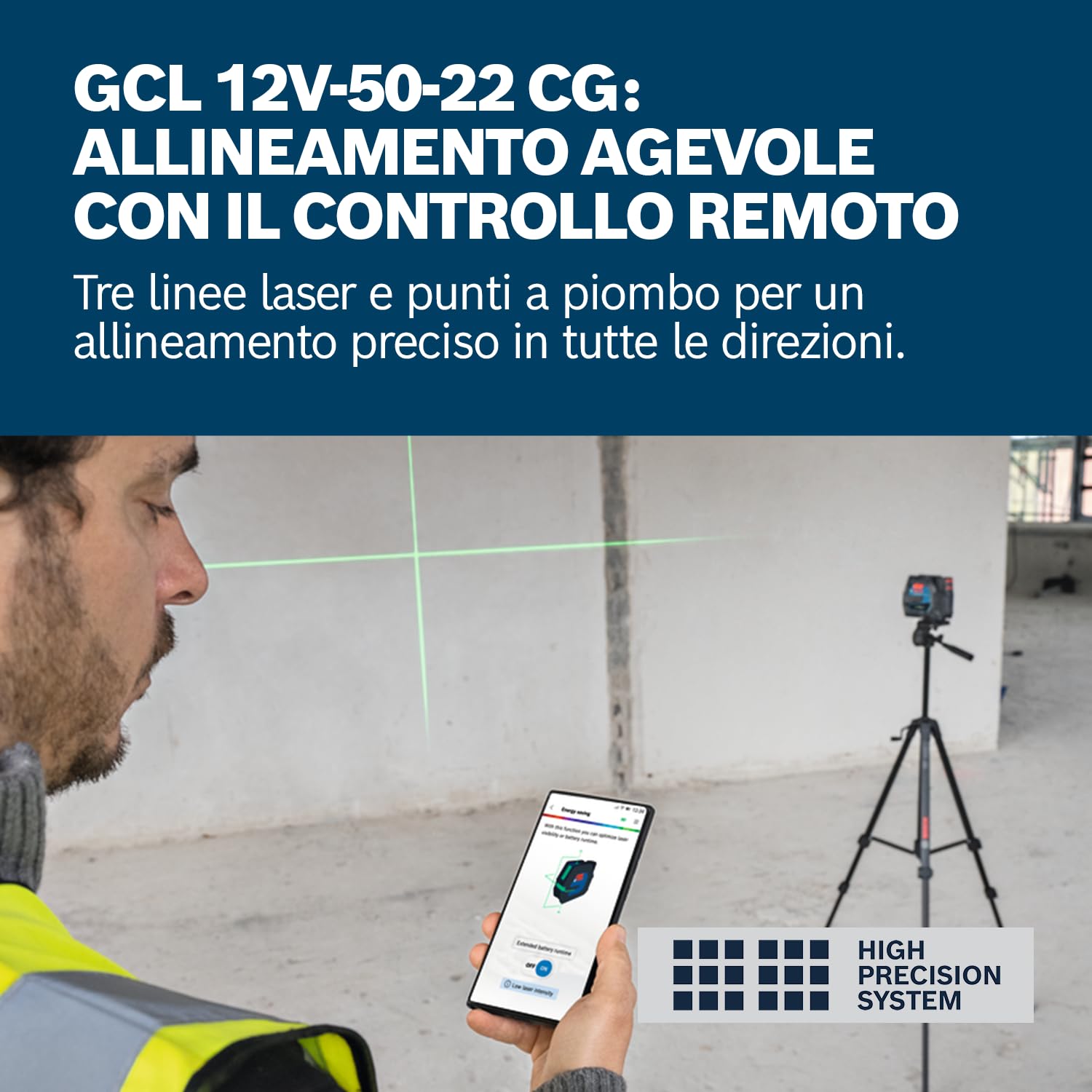 Bosch Professional Laser combinato GCL 12V-50-22 CG (raggio d'azione fino a 50 m con ricevitore, Dual Power, Levelling Remote, attacco RM 20, adattatore batteria, 4x LR6 da 1,5 V (AA), custodia)