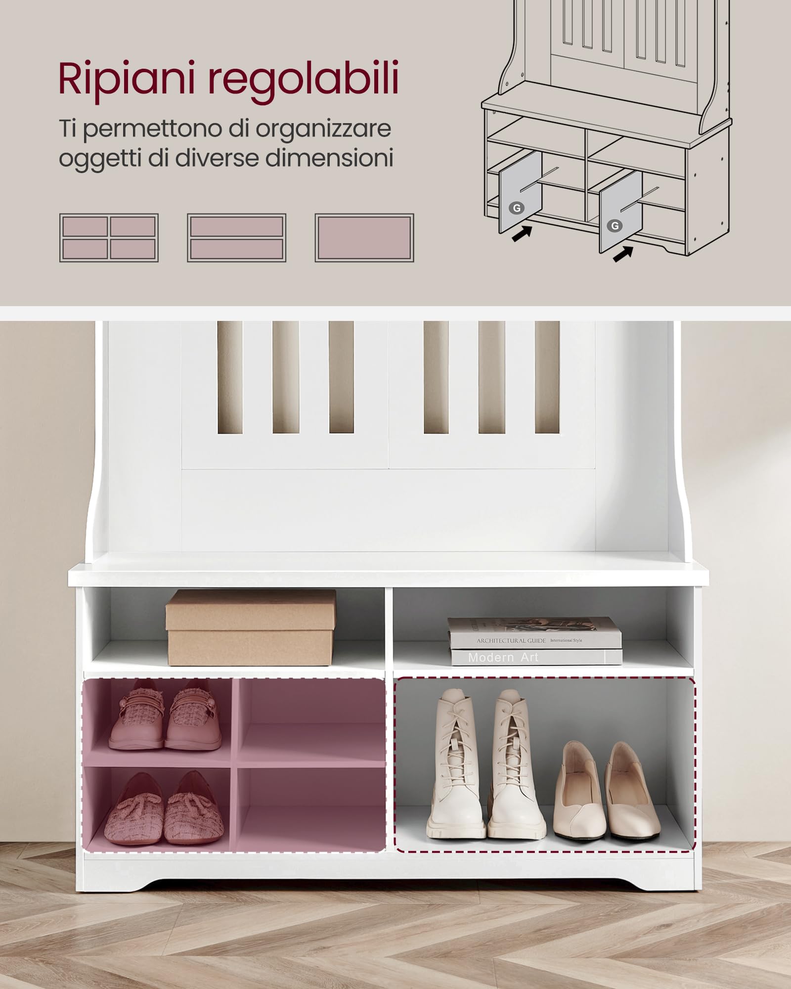 VASAGLE Appendiabiti Ingresso con Panca Scarpiera, Mobile Ingresso con Porta Scarpe, 5 Ganci Tripli, Appendiabiti da Terra, Salvaspazio, per Entrata, Ripiani Regolabili, Bianco Nuvola HSR404T10