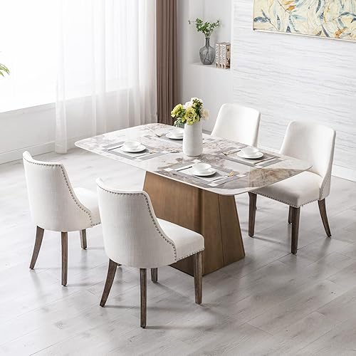 Miniatura 10 de Juego de 2 sillas de comedor tapizadas de mediados de siglo con adornos de cabeza de clavo con cojín de piel sintética y patas de madera para sala