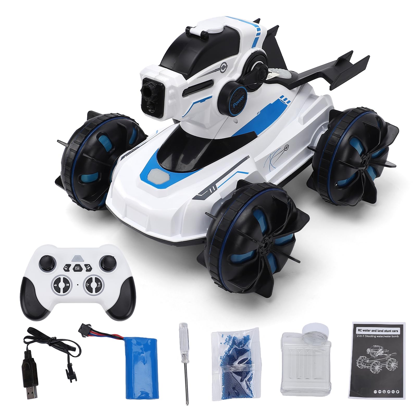 Eacam Réservoir RC 2,4 G Réservoir télécommandé 2,4 G Amphibie RC, Échelle 1/12 Véhicule télécommandé Amphibie Démo Automatique avec Perles d'eau Pulvérisées Lumièr (Blanc)