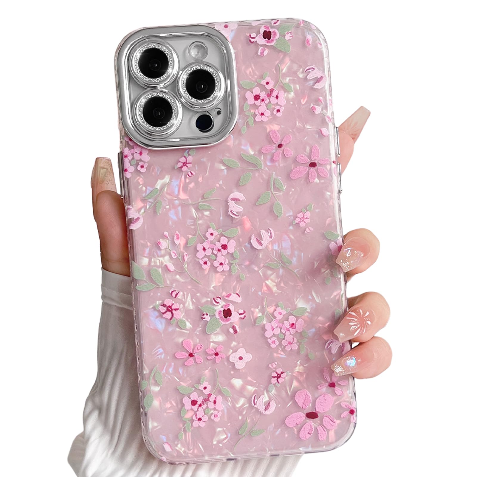 NITITOP Compatible with iPhone 15 Pro Max Case Cute Flower Floral Shell Textures for Girls Women Soft TPU Slim Hard Back with Lens Protective Phone
