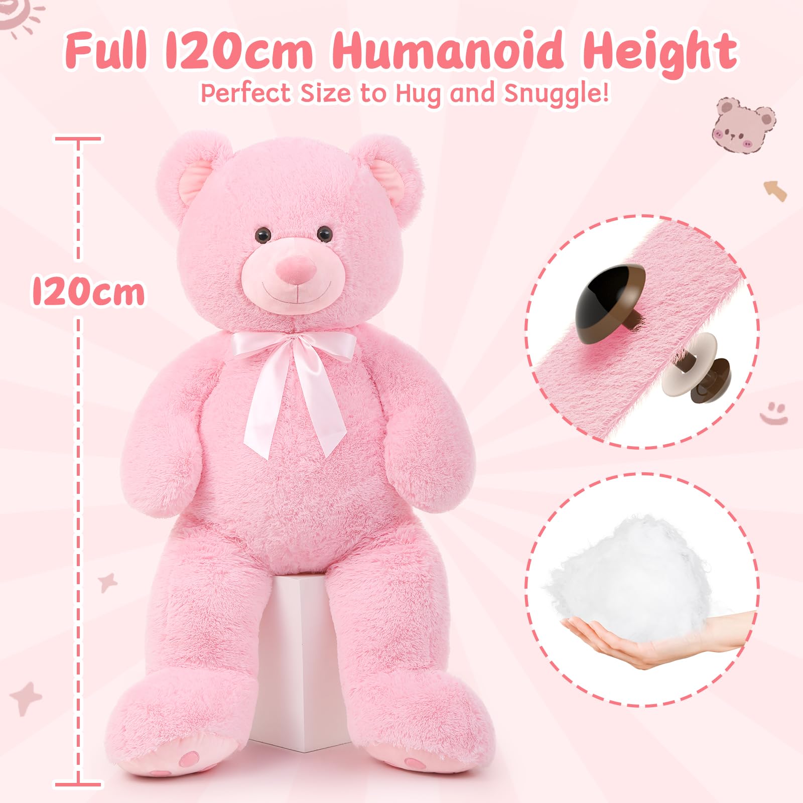MorisMos 120cm großer teddybären, Rosa riesen Teddy XXL, weich groß teddybär, Kuschelig Plüschtier Kuscheltier teddys Geburtstag Geschenk für Mädchen FreundinKinder