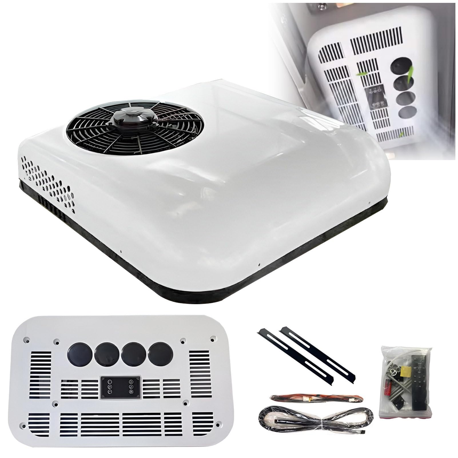 JXUANMM 12V DC Rooftop Air Conditioner, 10,000 BTU/h Cooling, Brushless Compressor Ultra Quiet AC Unit for RV, Truck, Campervan, Motorhome, Caravan 12V-White