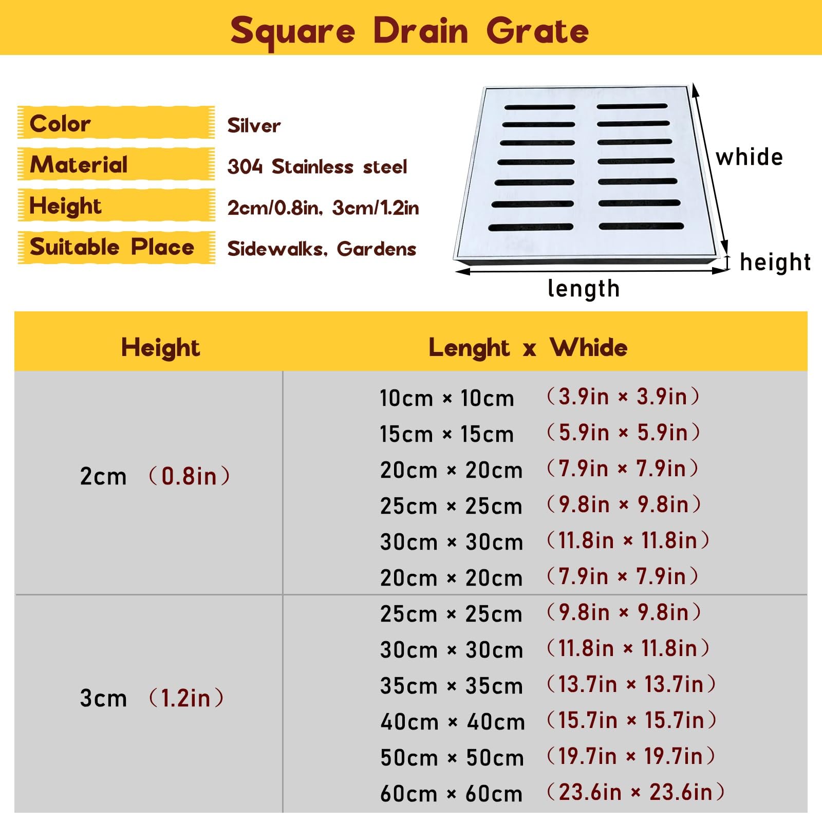 Rejilla de desagüe Cuadrada de Acero Inoxidable con Tapa extraíble - Sumidero Decorativo para Garaje Exterior, Sistema de canaletas para Pisos de concreto, solución de Drenaje Duradera y ele