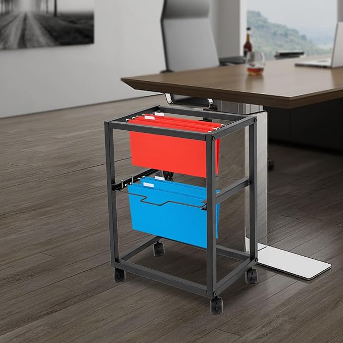 2 Tiers Metal Rolling File Carts with Wheels Hanging Files Movable PullOut File