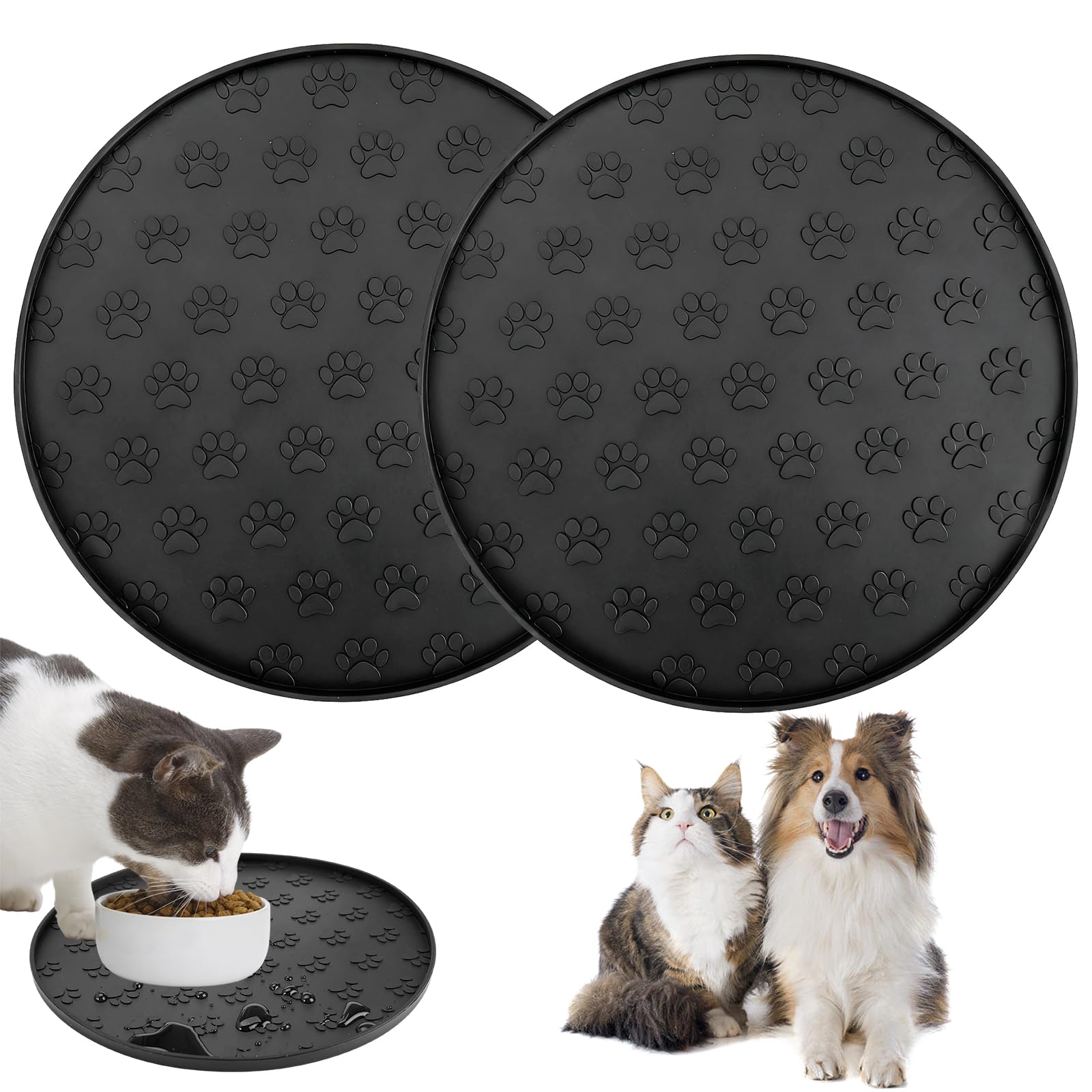 2 Pezzi Nero Sottociotola per Cani, 27,5x27,5x1cm Rotondo Tappetino Ciotole Gatto, Tappetino Ciotola Cane Antiscivolo, Impermeabile Tappetini Sottociotola, per Animali Domestici Medi e Piccoli