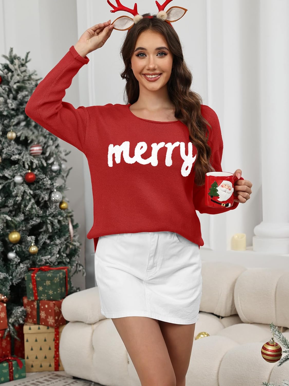 Christmas Sweaters for Women Merry Sweater Long Sleeve Xmas Holiday Knitted Graphic Pullover Top - Image 3