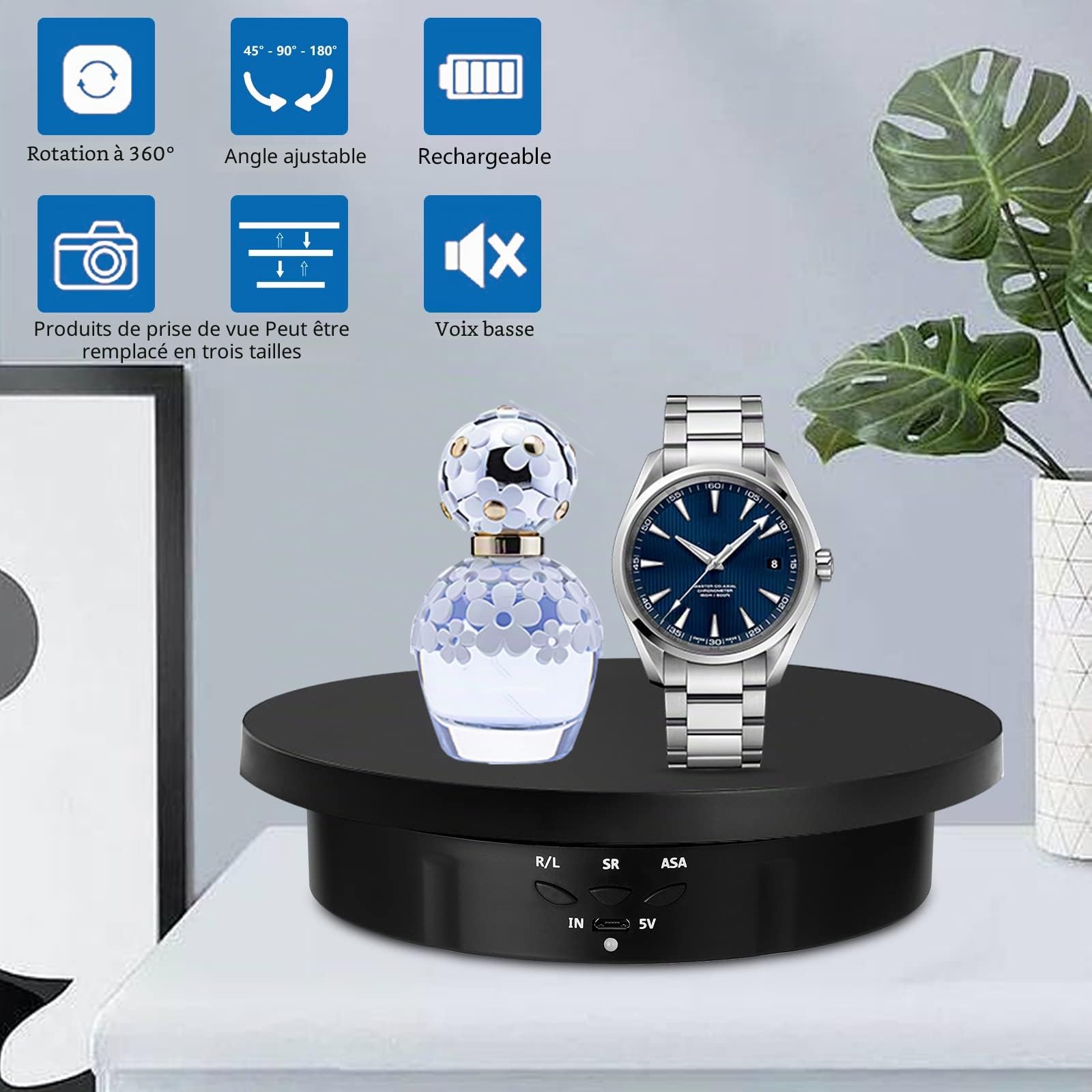 Plateau tournant électrique 3 en 1, support à 360 degrés, plateau tournant motorisé avec télécommande pour photographie, présentation de produits, bijoux, modèles 3D, objets de collection (noir)