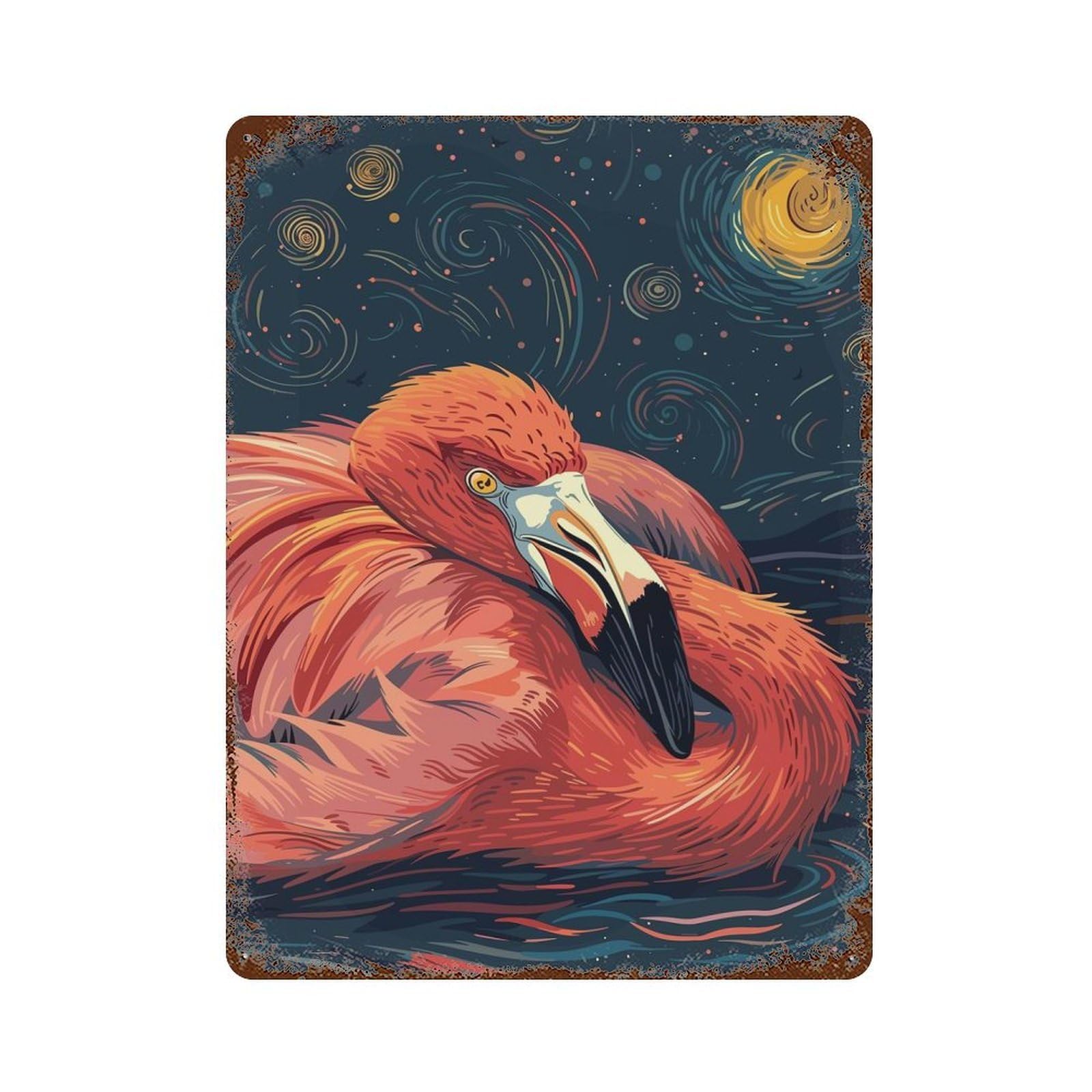 Flamingo in Starry Night Art 15.7"x11.8" Aged Metal Wall Plaque, Retro Wall Decor for Farmhouse, Kitchen And Entryway Decor