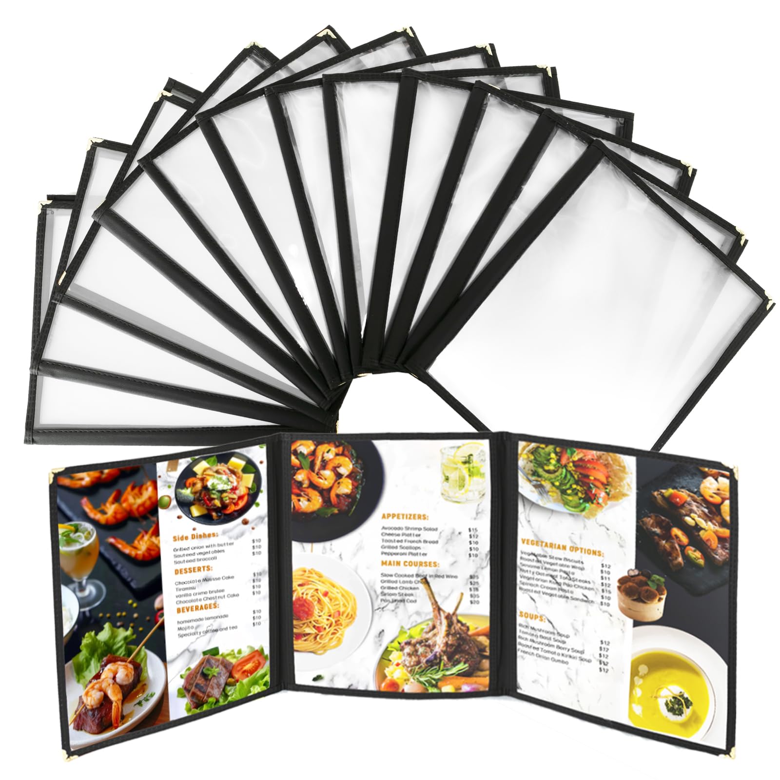 DUPDMKIN 12 Pack Menu Covers 8.5 x 11 Inch, 3 Page 6 View Restaurant Menu Holders, Foldable Menu Sleeves for Kitchen, Restaurant, Drink, Cafe, Bar