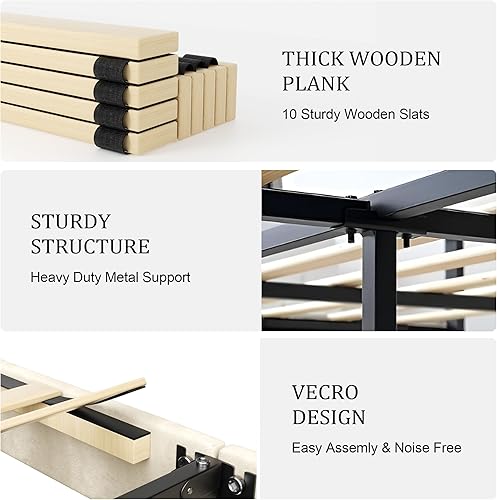 Miniatura 6 de Base de cama de plataforma de tamaño matrimonial con cabecera tapizada, soporte de listones de madera, sin ruido, no necesita somier, fácil montaje,