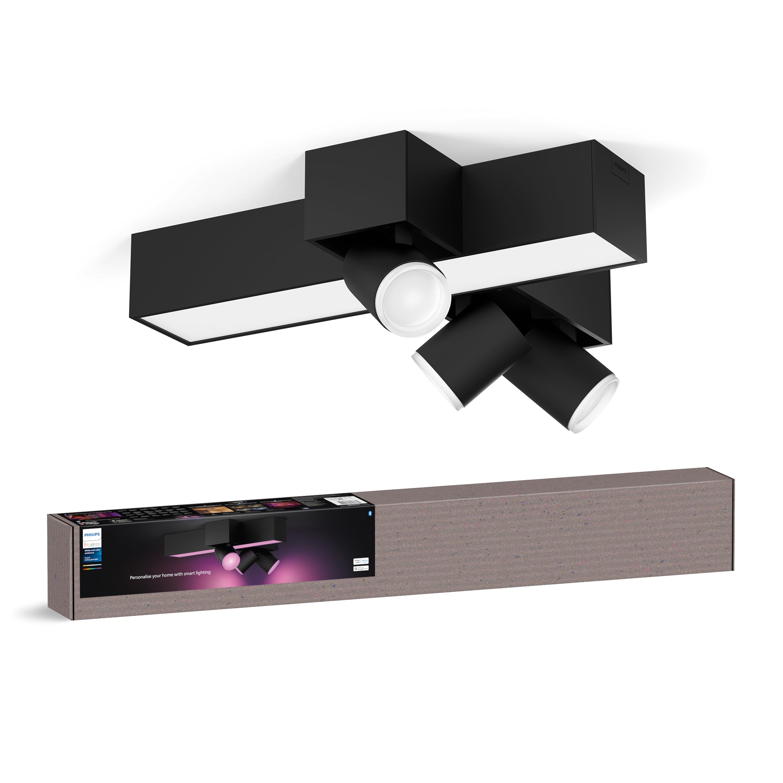 Philips Hue - Lámpara inteligente Hue Centris,3 Focos LED inteligentes cruzados GU10, Luz Blanca y de Colores Regulable, Control por Voz y App, Compatible con Alexa y Google Home, 40cm - Color Negro