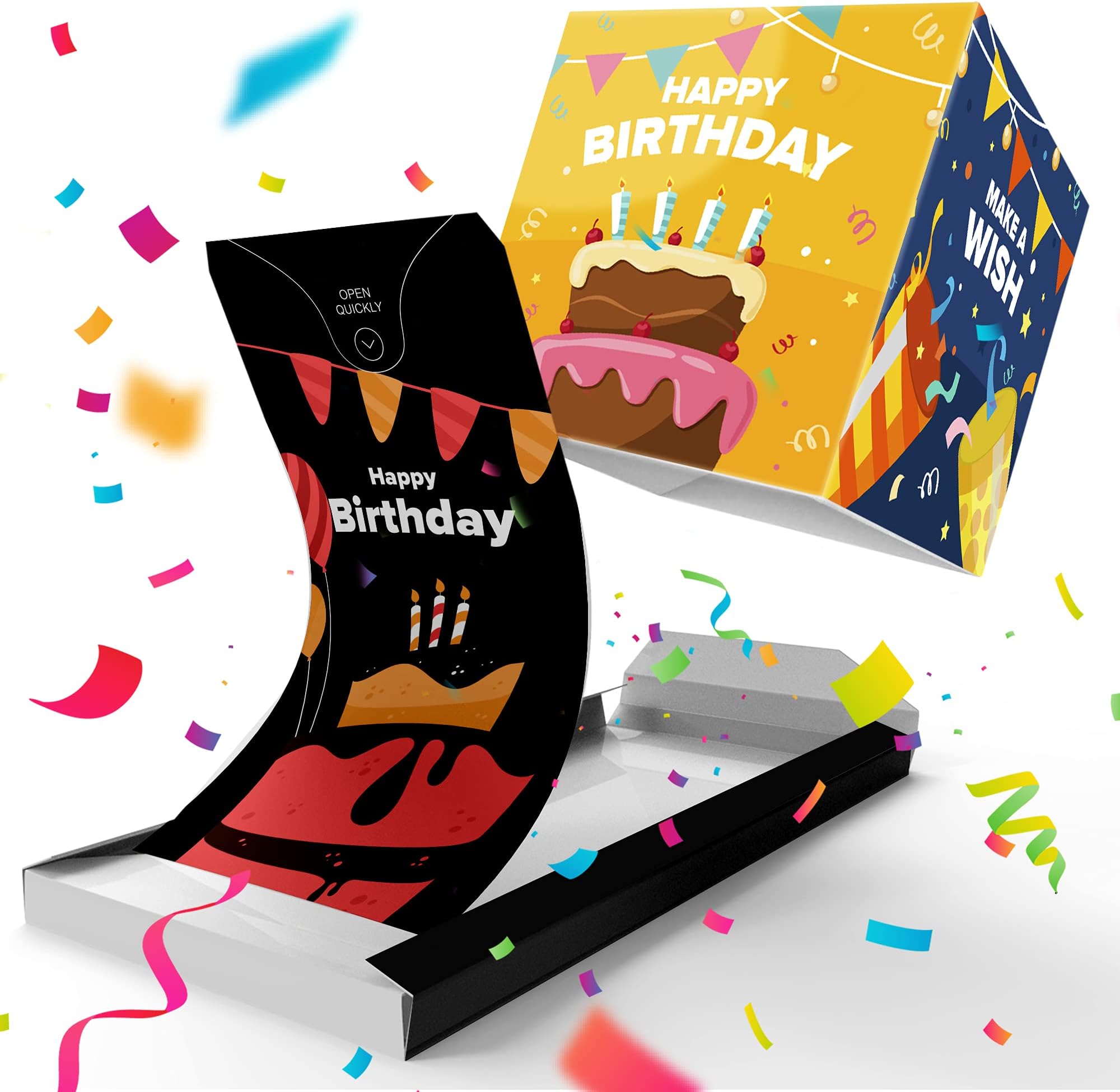 «BOOM» Exploding Confetti Happy Birthday Card (Black Cake), Prank Confetti Pop up Card