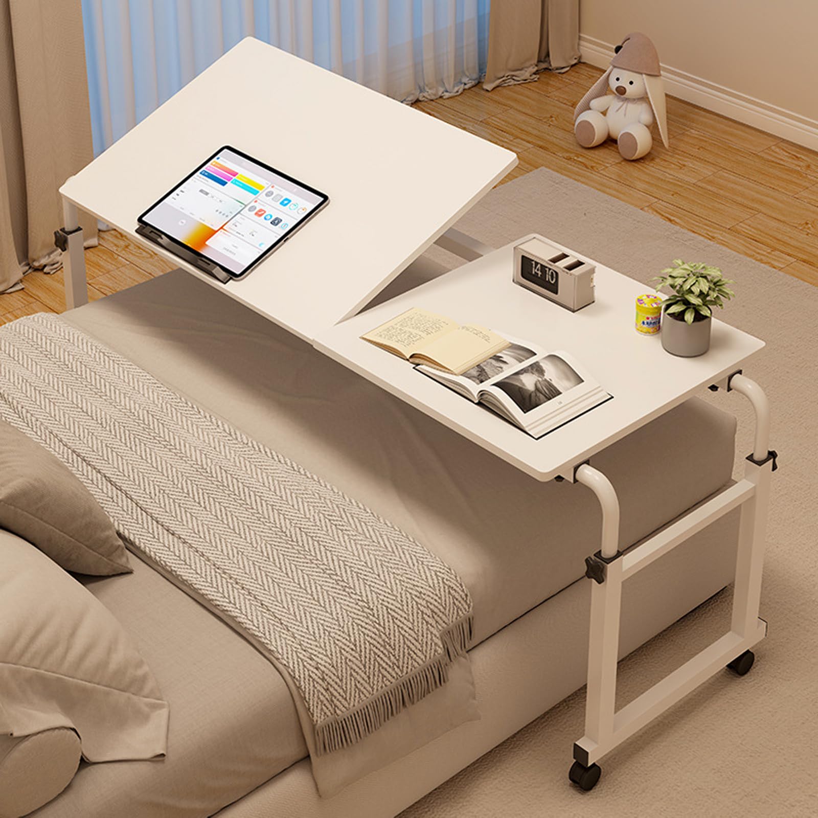 Überbetttisch Mit Rollen, Betttisch Verstellbarer Höhe Länge Mobiler Schreibtisch Über-Betttisch Beistelltische Fürs Wohnzimmer Drehbarer Laptopständer Für Bett Sofa Büro 120 * 40CM Weiß