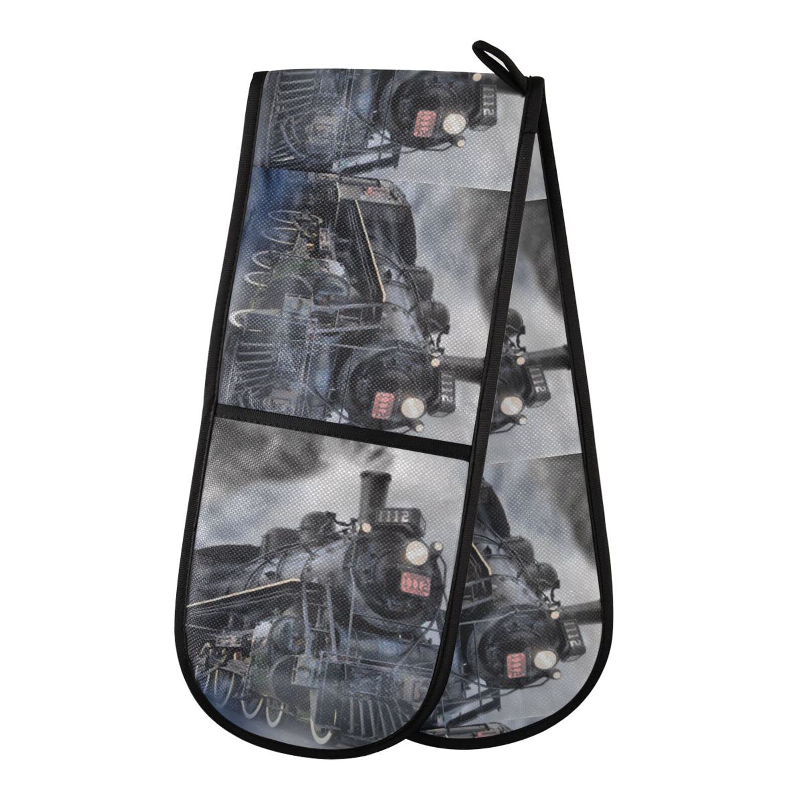 Youjuner Colour 77 Double Oven Glove Vintage Steam Train Heat Resistant Double Ovens Mitt Modern Cooking Gloves Potholders