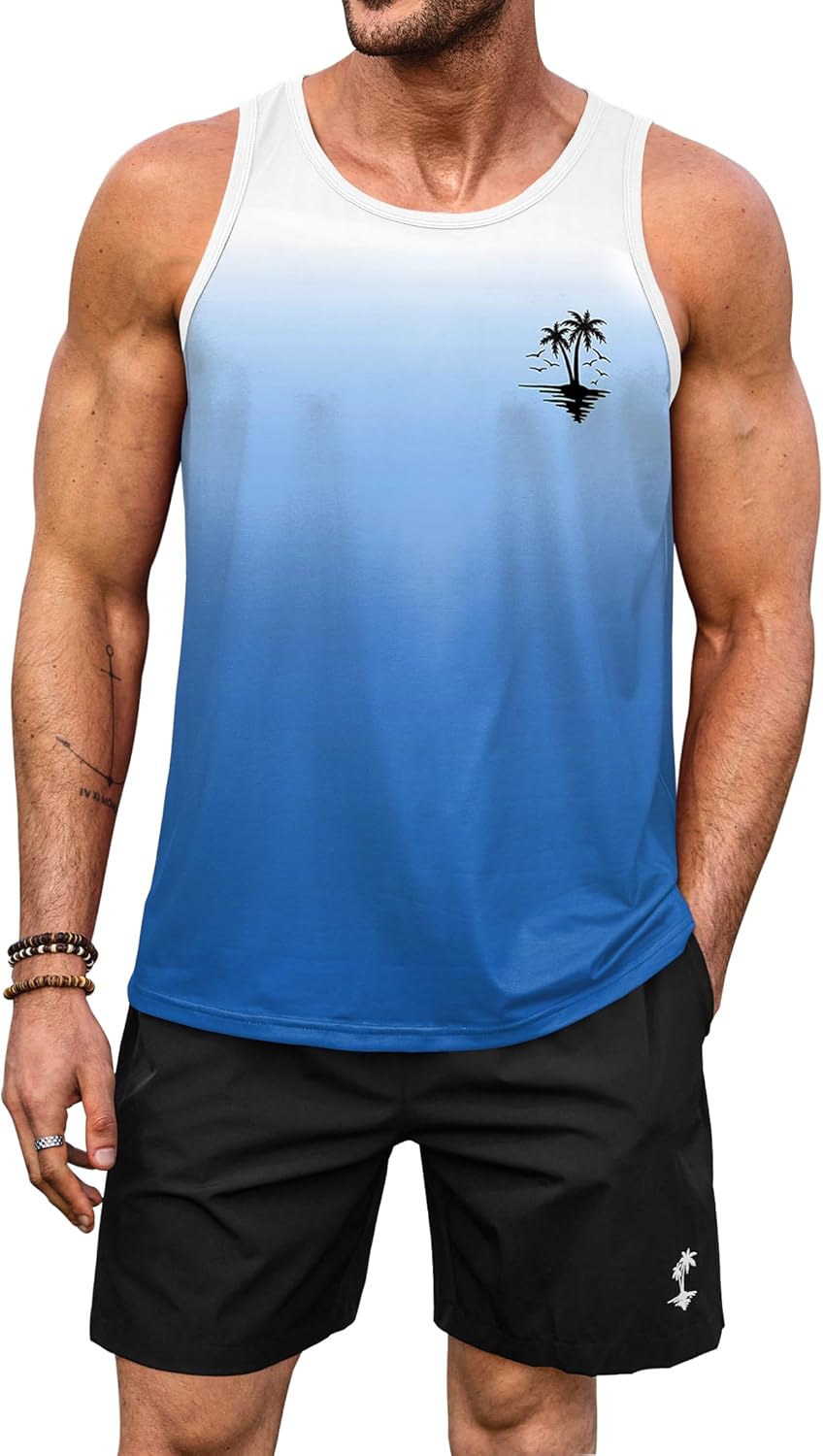 Mens Graphic Tank and Shorts 2 Piece Set Beach Summer Casual Outfit (S-XXL)