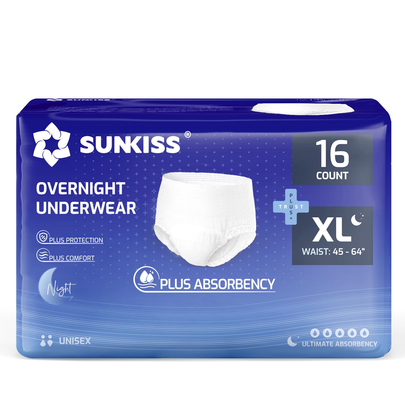 SUNKISS TrustPlus Incontinence Disposable Underwear for Men and Women, Adult Pull Ups with Heavy Absorbency, Leak Protection, Odor Control, XLarge Overnight, 16 Count