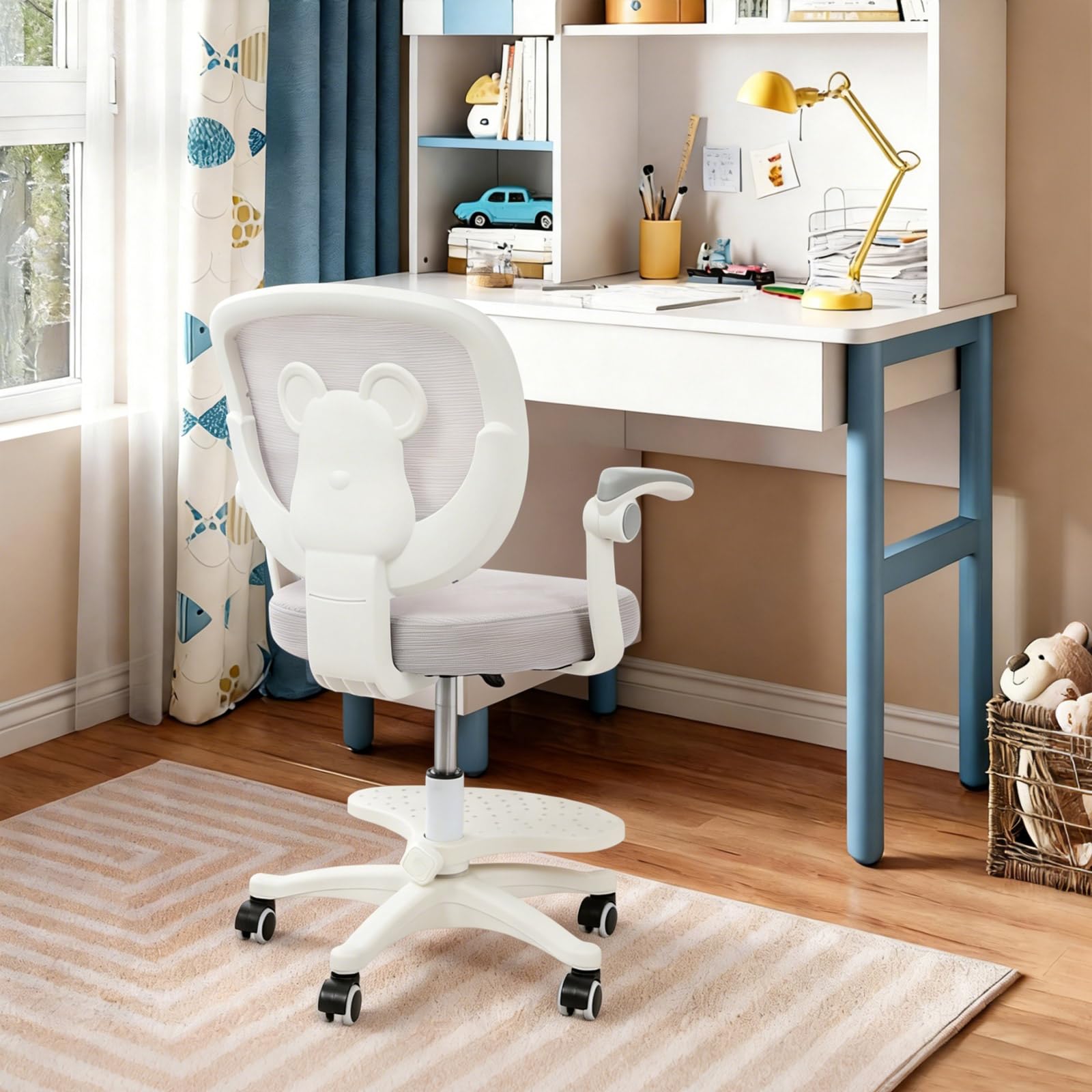 Sedia da scrivania per bambini, ergonomica, con braccioli e poggiapiedi regolabili, sedia girevole per bambini, sedia per computer, adatta per ragazze e ragazzi (grigio chiaro)