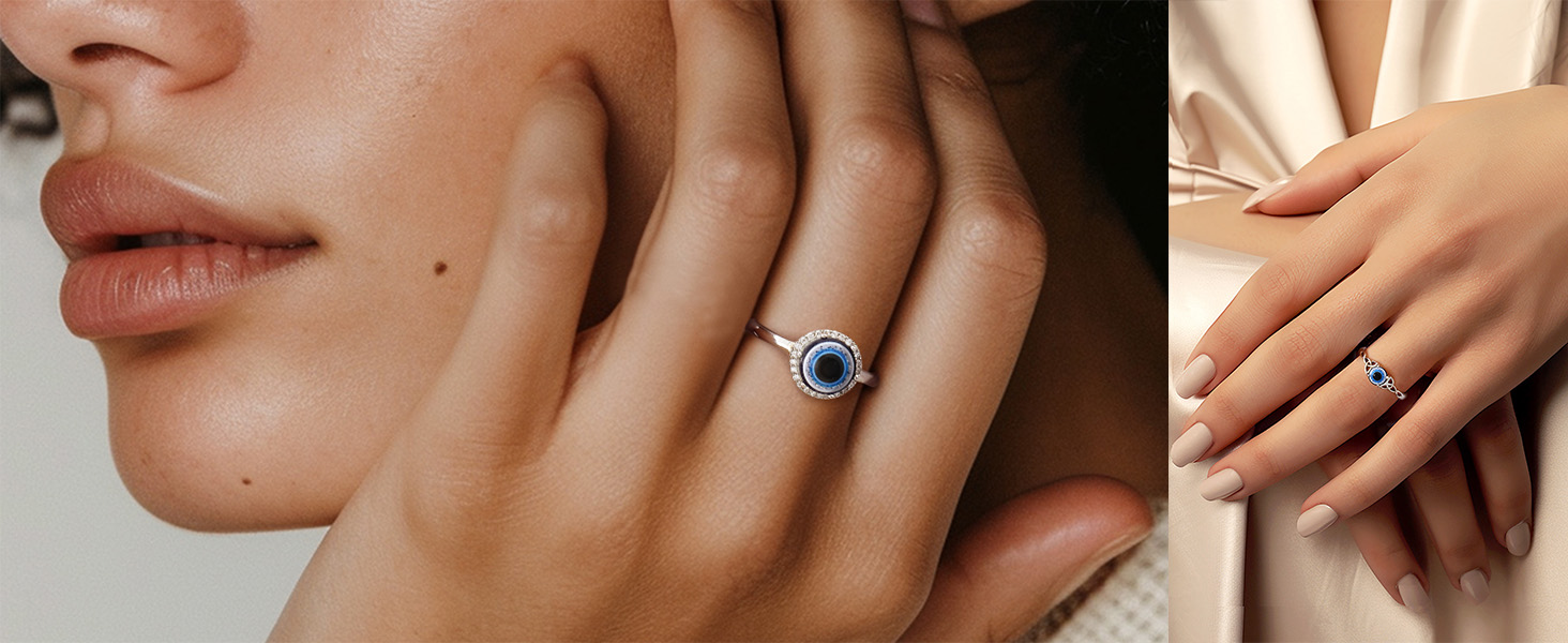 Anello Da Dito Con Ciondolo A Forma Di Occhio Blu Turco Placcato In Argento 925 - Gioiello Elegante Da Donna