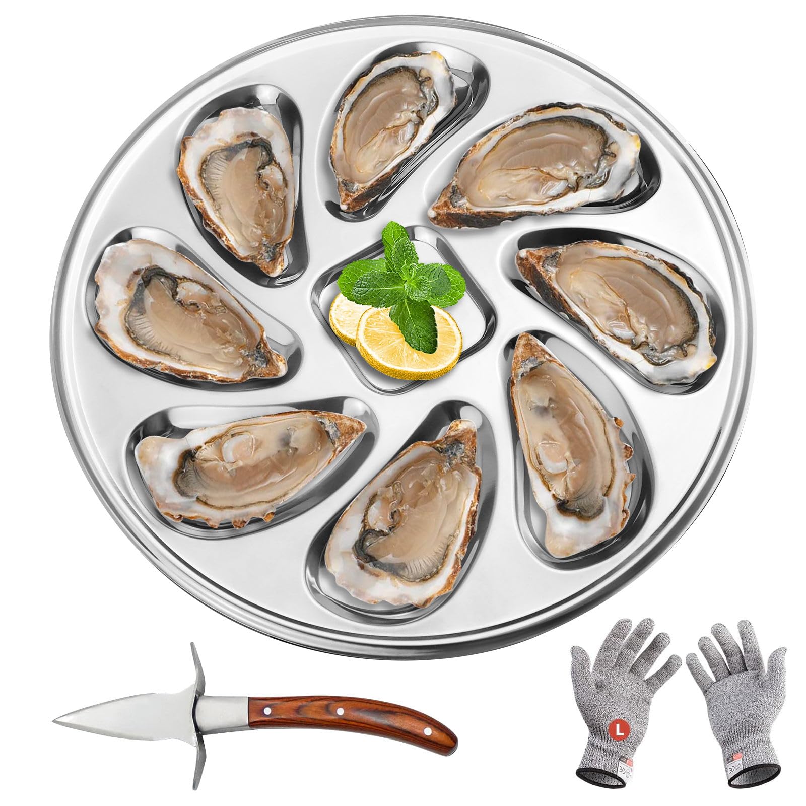 Assiette à Huîtres 8 Fentes Inox – Avec Couteau + Gants Anti-Coupure – Plateau Huîtres/Coquillages Parfait Pour Fêtes