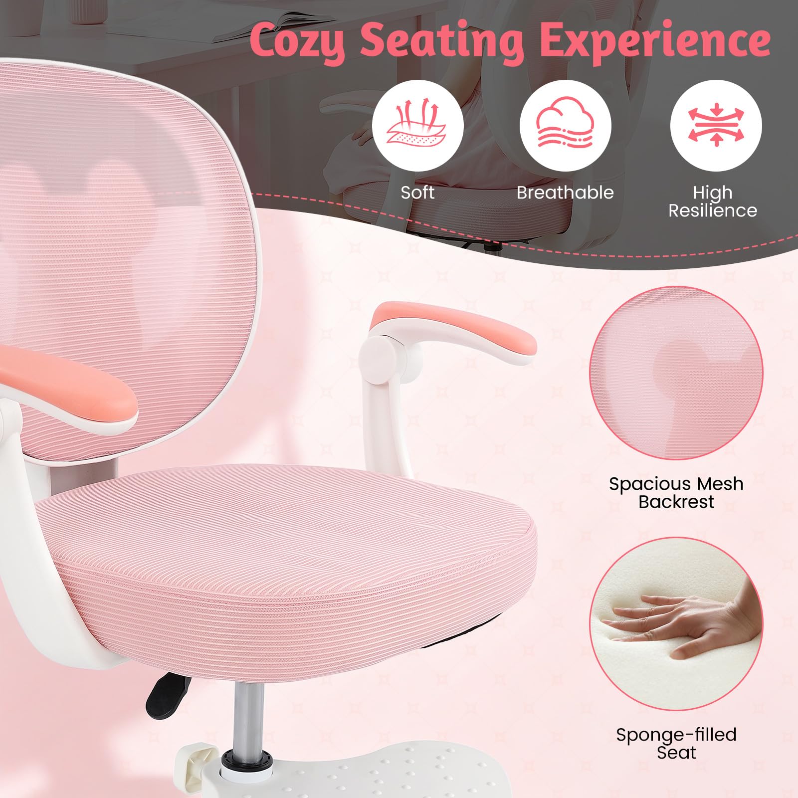 Sedia da scrivania per bambini, ergonomica, con seduta regolabile in altezza (36-46 cm), girevole a rete, per ragazzi e ragazze, adatta per camera da letto, compiti, lettura