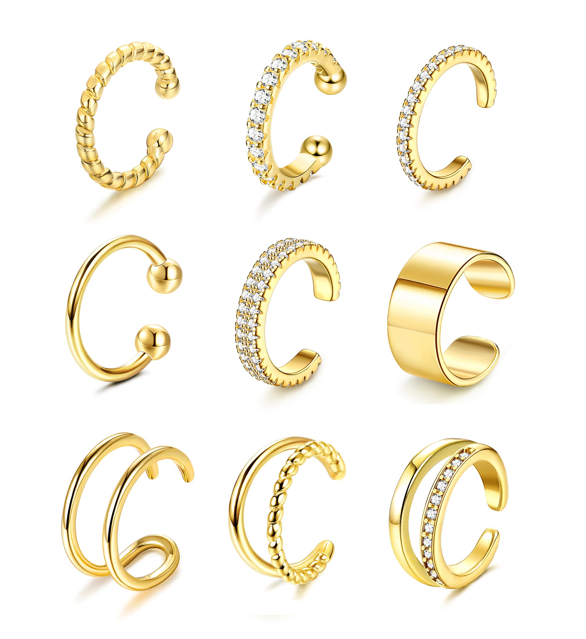 Morfetto 9 piezas Pendientes de Brazalete de Oreja de Oro Pendientes de Brazalete de Cartílago Falso Sin Piercing Pendientes de Plata de Concha para Mujer Clips Envolturas Brazalete de Oreja Grueso