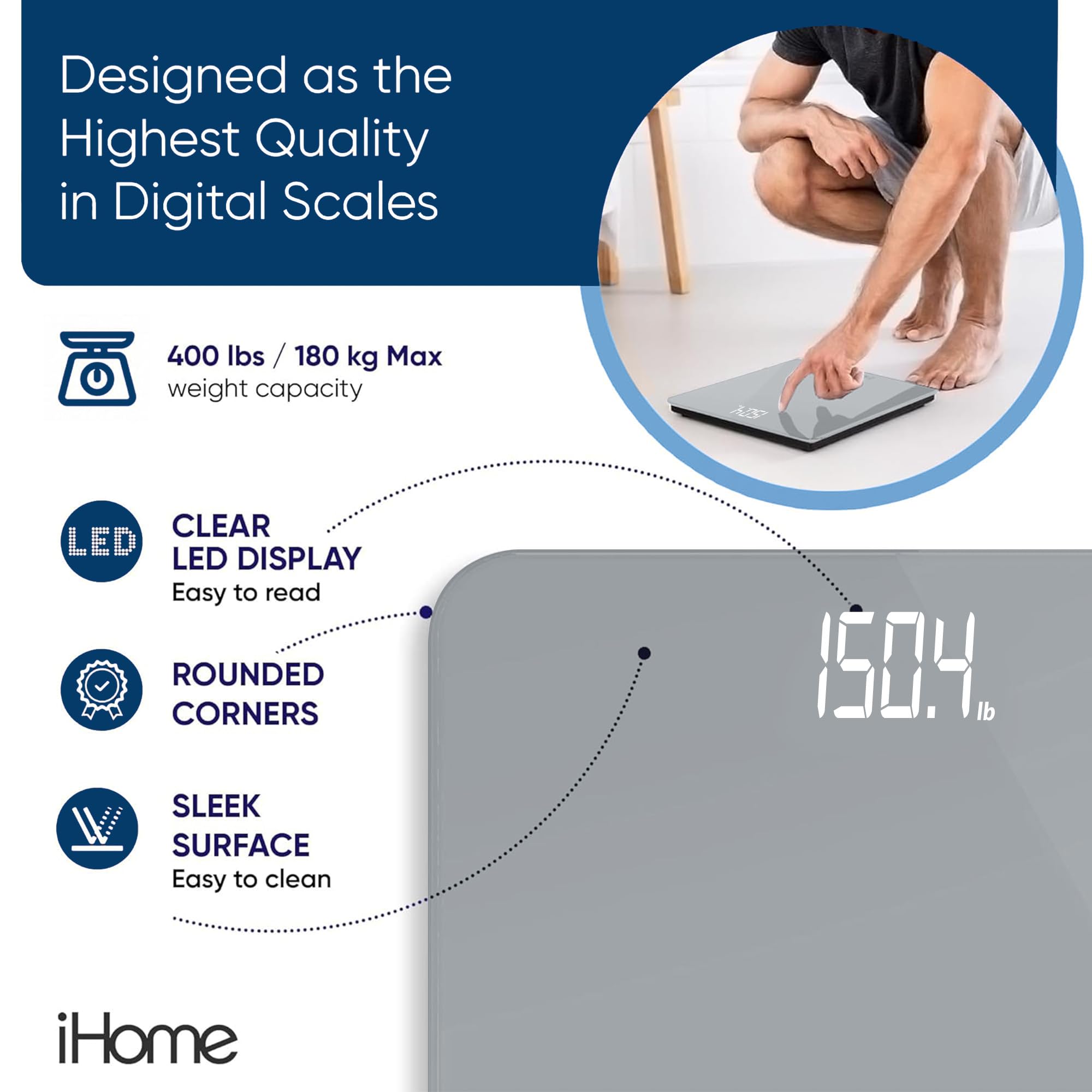 iHome iHome – Pèse-personne numérique de haute précision – 181,4 kg – Alimenté par piles avec écran DEL – Piles incluses – Idéal pour la salle de sport à domicile (gris)