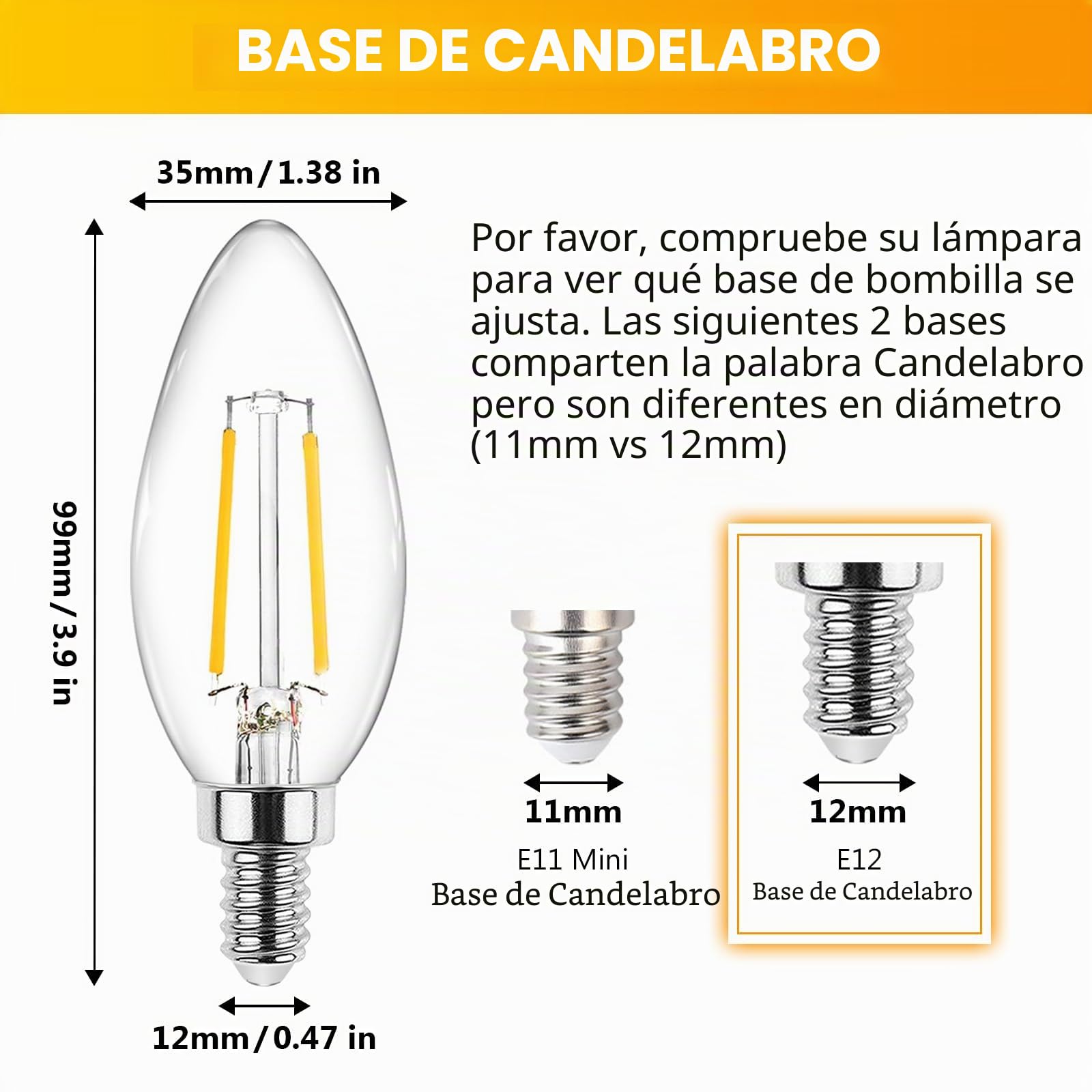 Ascher Bombilla LED E12 clásica transparente para candelabro, 4 W, equivalente a 40 W, blanco cálido 2700 K, no regulable, filamento de vidrio transparente, paquete de 5
