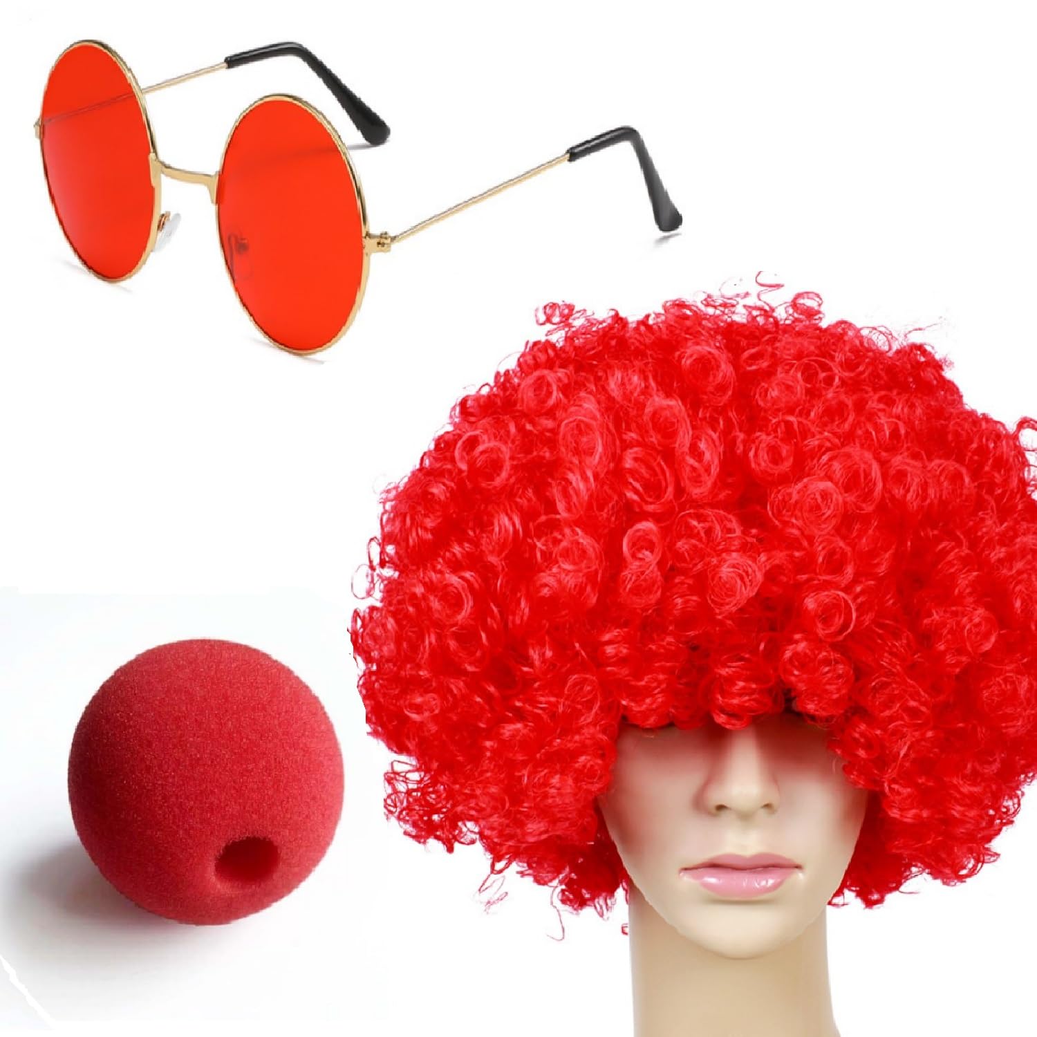 MEISH3 Pieces Red Afro Clown Suit Afro Wig Round Glasses Sponge Clown Nose Halloween Costume Accessories for Masquerade Ball Party