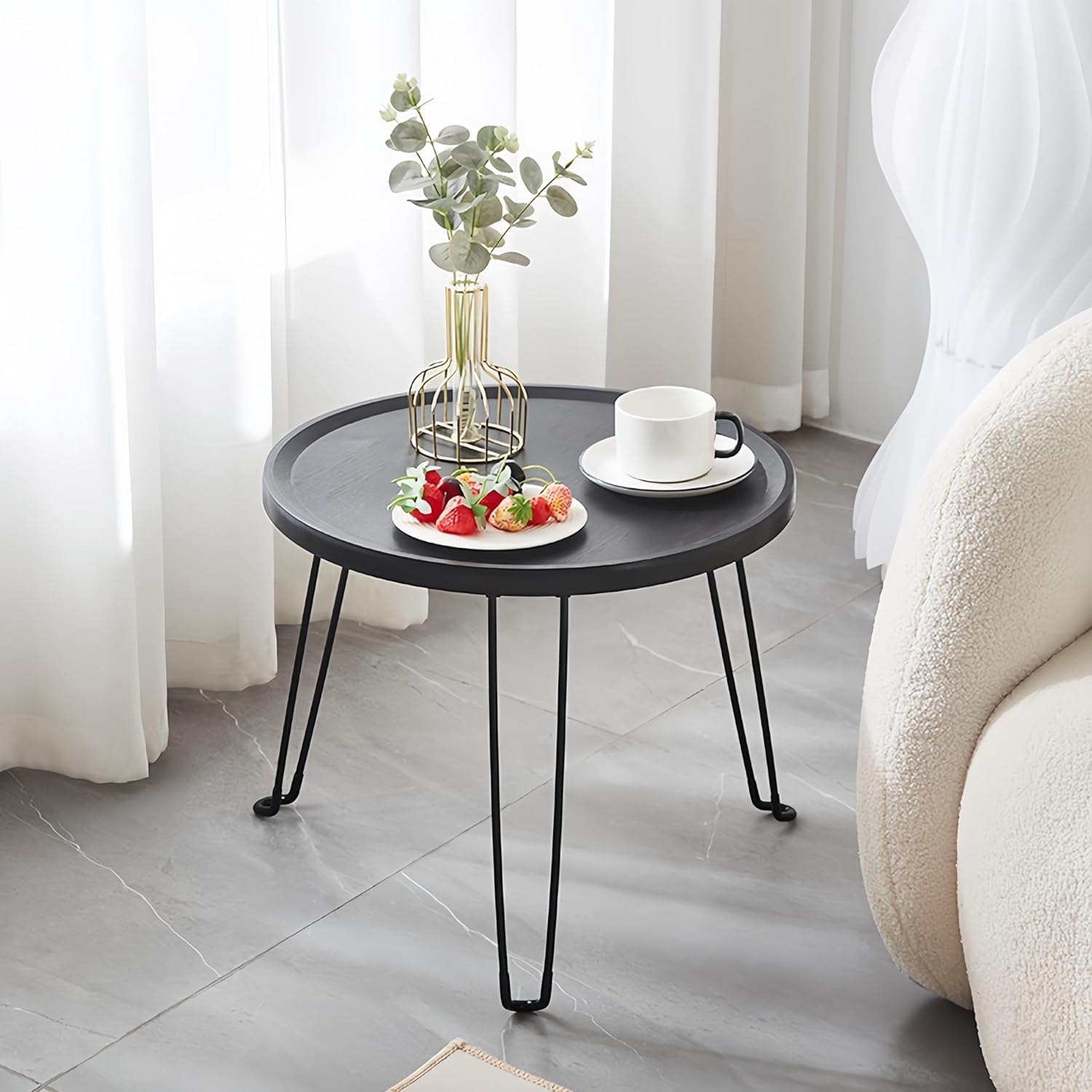 ORCHID M® Small Round folding End Table,Tray Surface with 3 Legs,Nightstand End Table for Small Spaces, Bedroom,Living Room,Modern Bedside Table (Black)