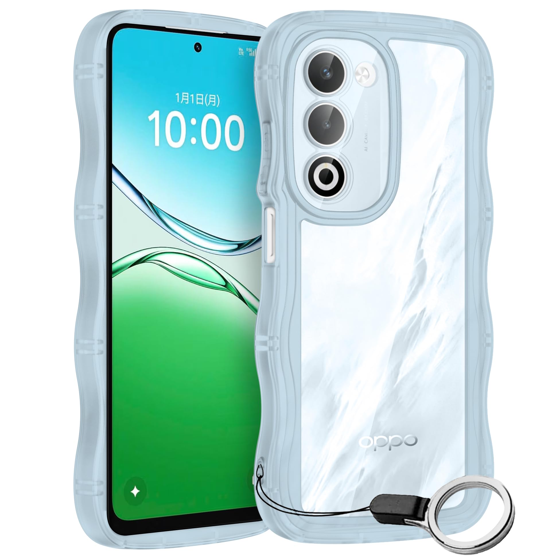 OPPO A5 5G用ケースリング付き ウェーブ 可愛い マツと感 TPU 耐衝撃 超軽量 極薄 透明 黄ばみなし 滑り止め かわいいうねうね 韓国 人気 ストラップホール付きなみなみ カバーオッポ A5 5G OPG06 / CPH2751 / A502OPクリア ブルー