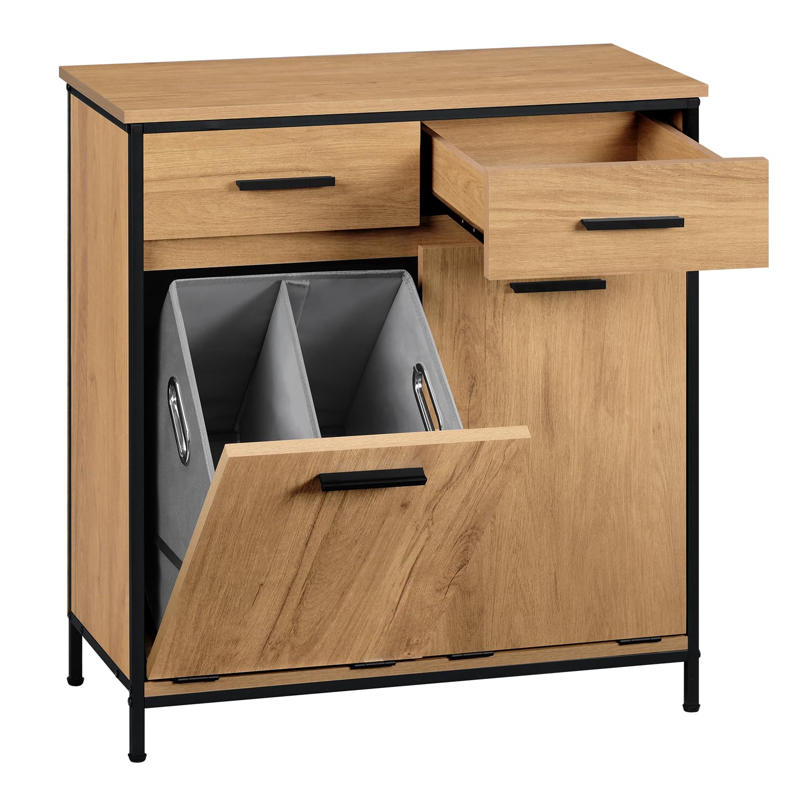 EUGAD Meuble de Salle de Bain, Placard de Rangement, avec Sac Intérieur Amovible avec Poignées, 40 x 78,9 x 80,2 cm, 2 Tiroirs et 2 Paniers à Linge, Meuble de Rangement, Chêne Clair + Noir, 0233WY