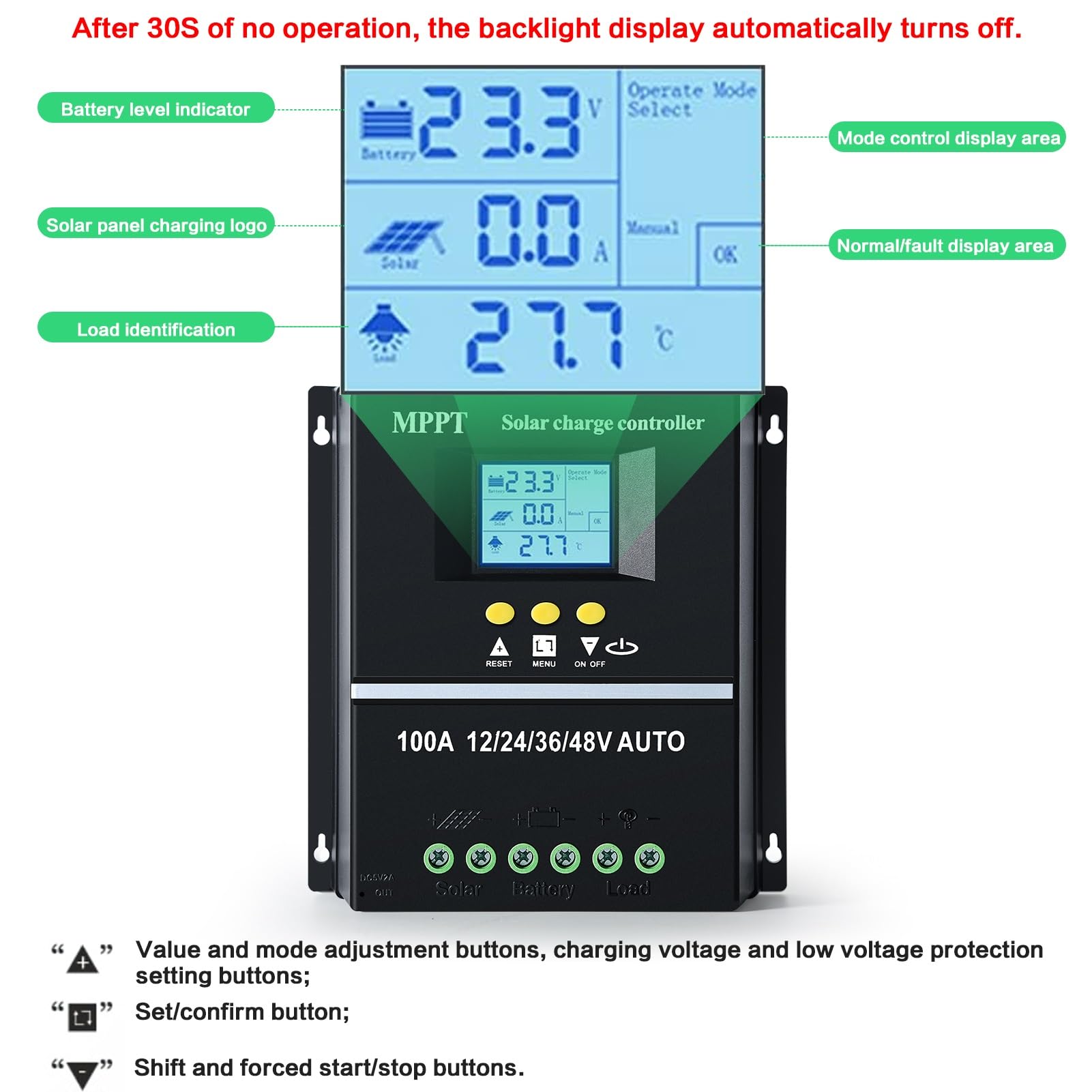 BuyWeek 100A Régulateur de Charge Solaire MPPT 12V 24V 36V 48V Contrôleur de Charge Solaire Intelligent avec Écran LCD / Double USB, pour plomb-acide / lithium, Max 100V Entrée