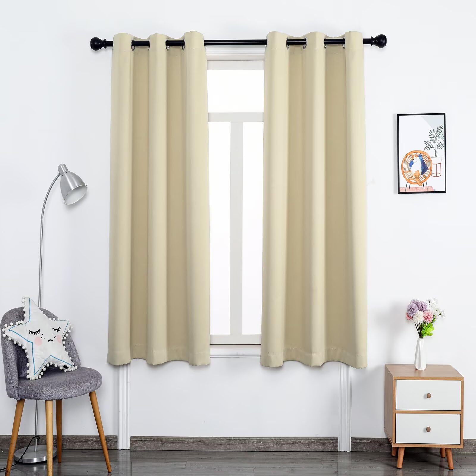 Hovoto Blackout Curtains, Blackout Privacy Panel, Eyelet Thermal Insulated Curtain for Bedroom, Soft Living Room Window Curtains Drapes 2 Panel, W 52" x L 63", Beige