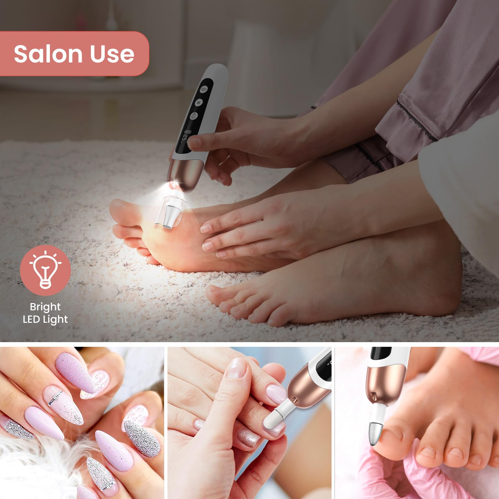Maniküre/Pediküre Set, Nagelfräser, Kabellos Akku Elektrische Nagelfeile mit 6 Aufsätze zur Nagelpflege, Nagelfräser für Gelnägel mit 10 Geschwindigkeiten und LED Licht, Hände Fußpflege Fräser set