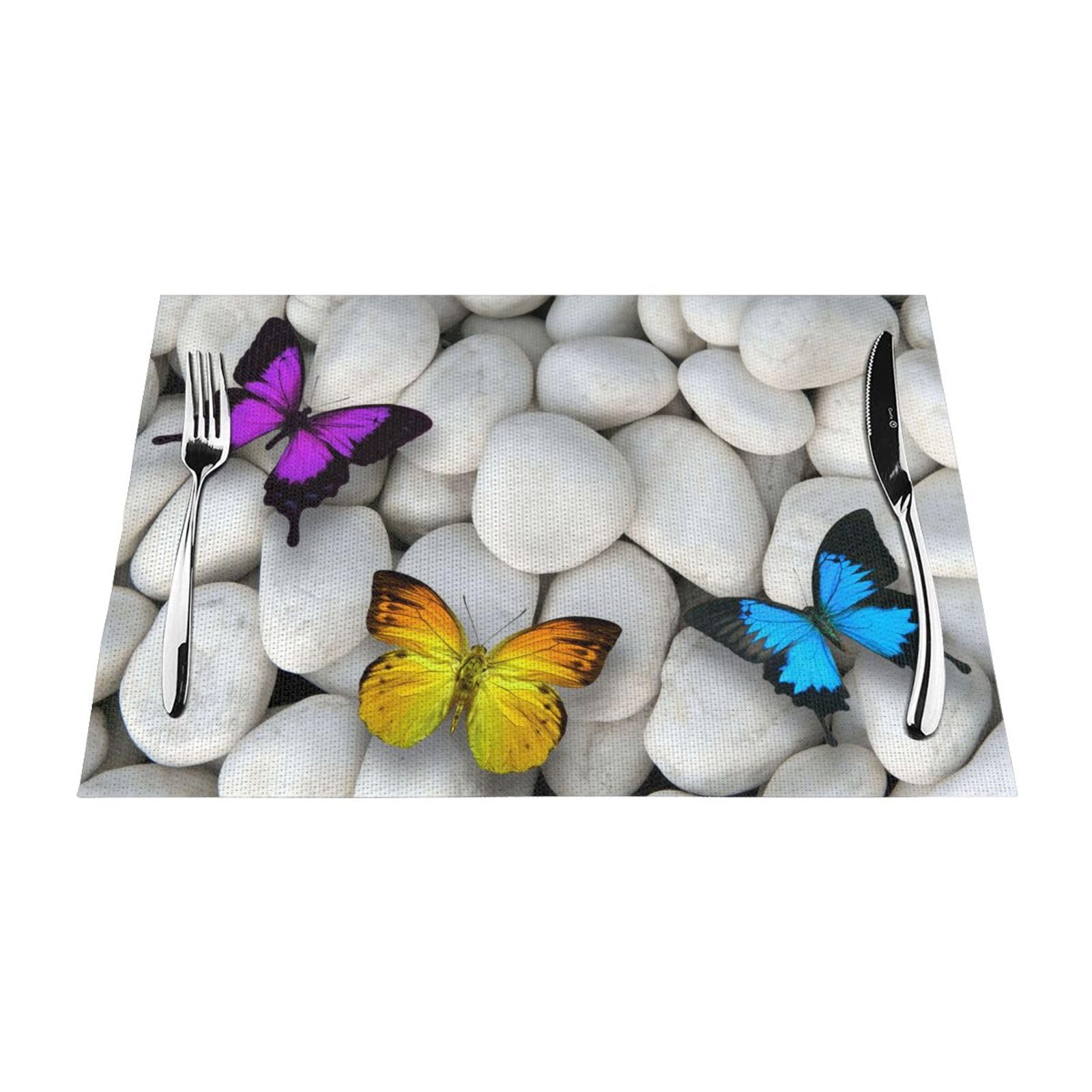PVC Placemat Set of 1 PCS, 45x30 CM, Colorful butterflies Stone Printed Non-Slip Heat Resistant Place Mats for Kitchen Dining Table Indoor Outdoor