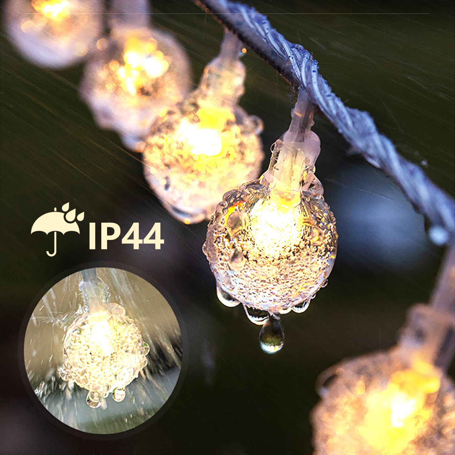 taiyongkang Guirnalda Luces 15m 100 LED con Bolas de Cristal, Enchufe y 8 Modos, Luces Decorativas para Interior, Guirnalda Luces Exterior IP44 para Navidad, Terraza y Jardín