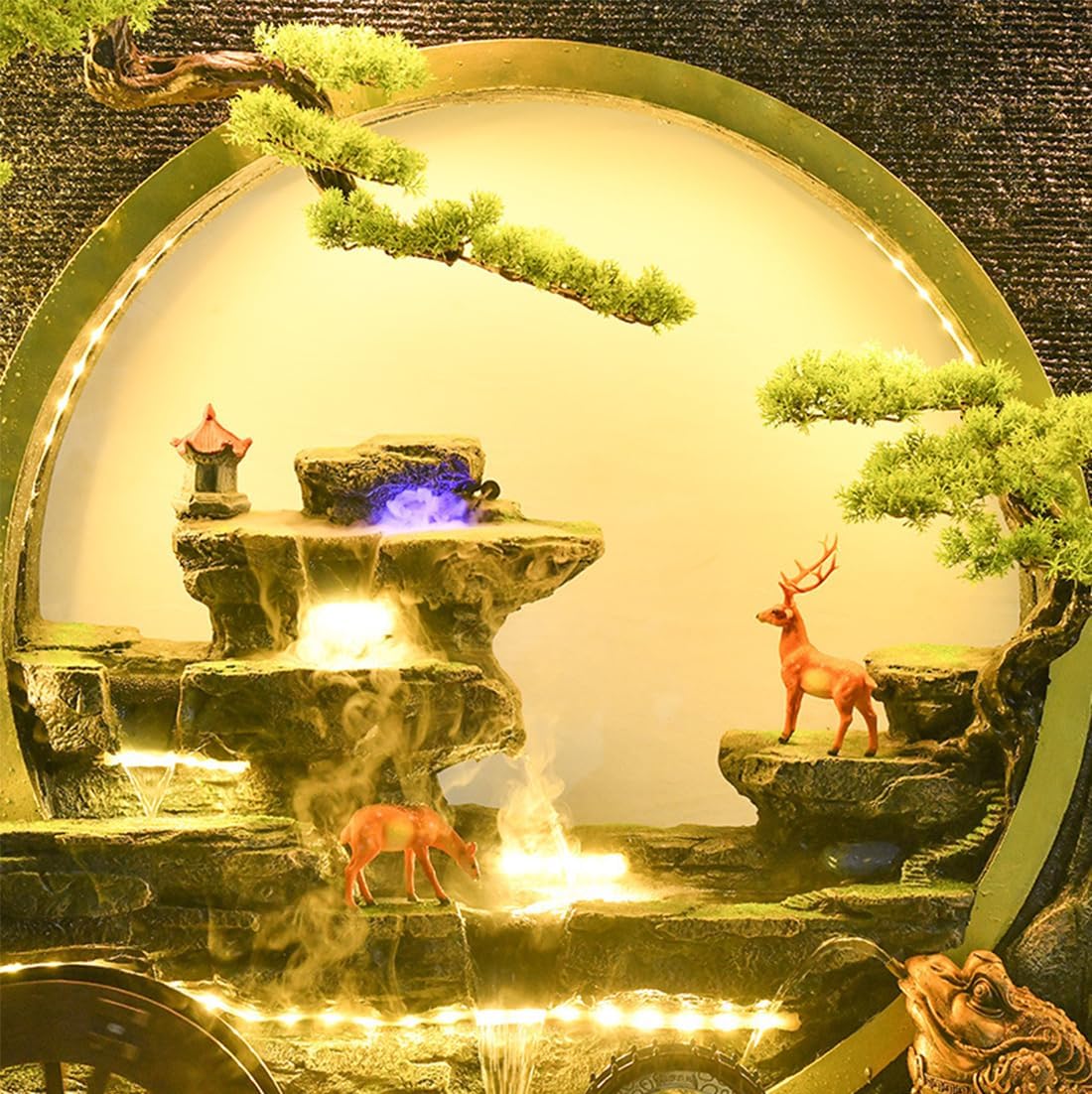 Elegant LED Waterfall Fountain with Bonsai Trees and Decorative Accents – Indoor/Outdoor Water Feature (73 inches Tall, Multi-Panel Design) (Fountians-682196318369-2-AB)(Fountians-682196318369-2-AB)