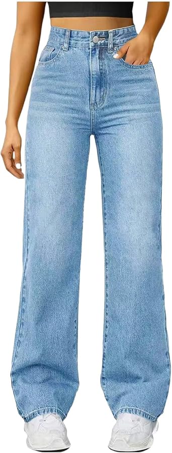 Wide Leg Jeans for Women Casual High Waisted Strechy Straight Leg Loose Tummy Control Denim Pants with Pocket