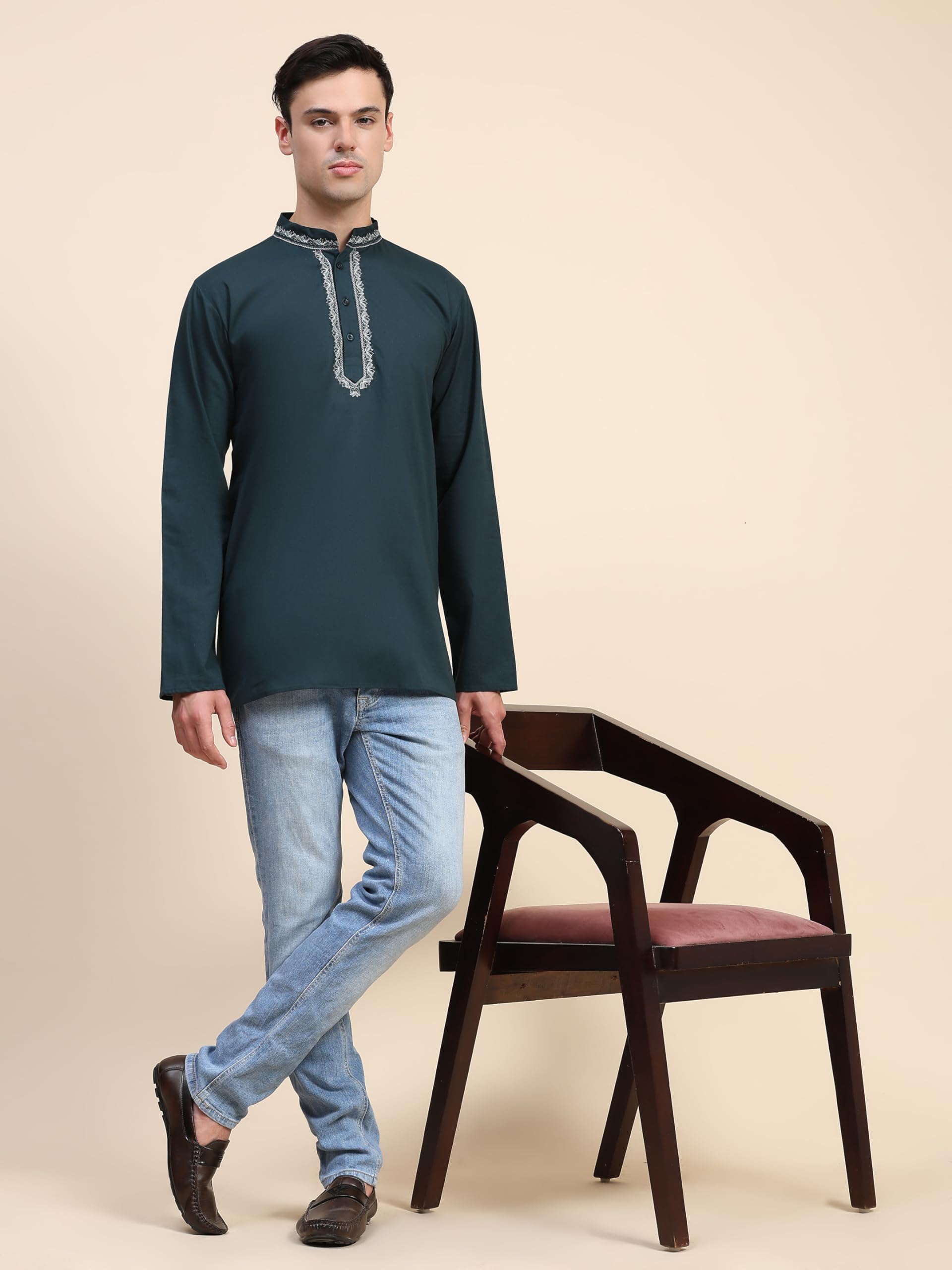 SKAVIJ Uomo Indiano Ricamate Maniche Lunghe Camicie Casual