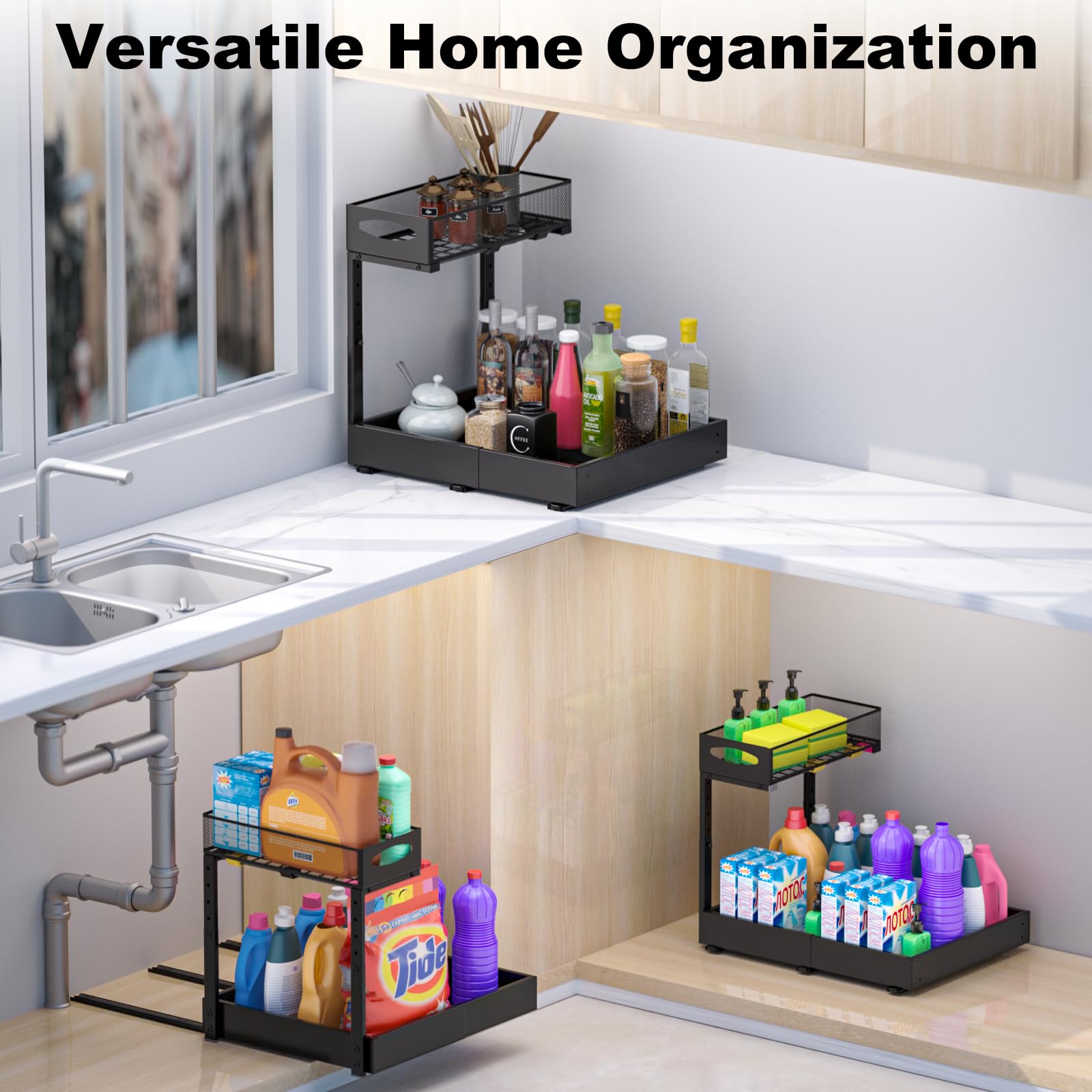 Housolution Rangement sous Évier en Métal, Largeur Extensible de 35 à 52 cm, Hauteur Réglable de 34 à 45 cm, Organisateur Étagère sous Évier Coulissant pour Placard de Cuisine, Un Côté
