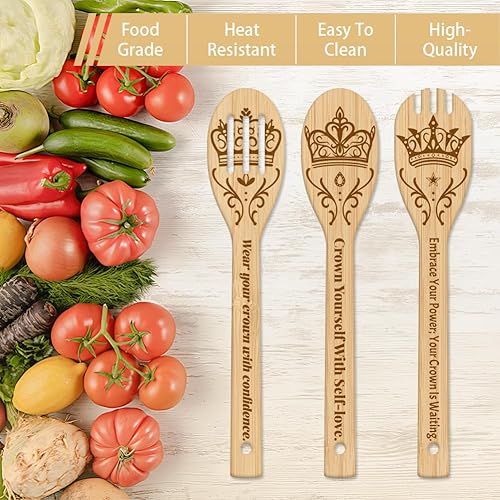 Miniatura 4 de GLOBLELAND Juego de 6 cucharas de cocina de bambú con corona de rey y reina, juego de cucharas de cocina grabadas de madera, juego de espátulas de
