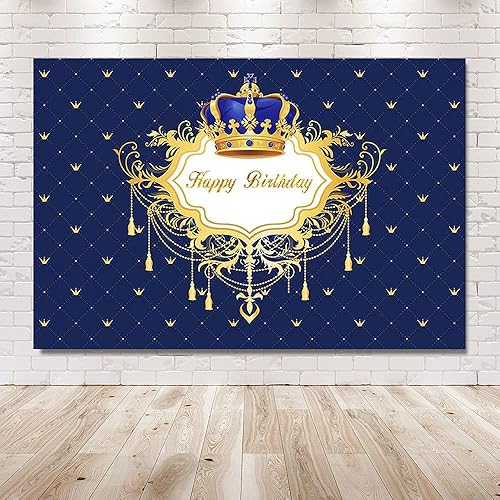 Miniatura 6 de Fondo de fotos de feliz cumpleaños azul y dorado para niño, corona de príncipe pequeño, decoración de fiesta, pancarta para fotografía de 7 x 5 pies