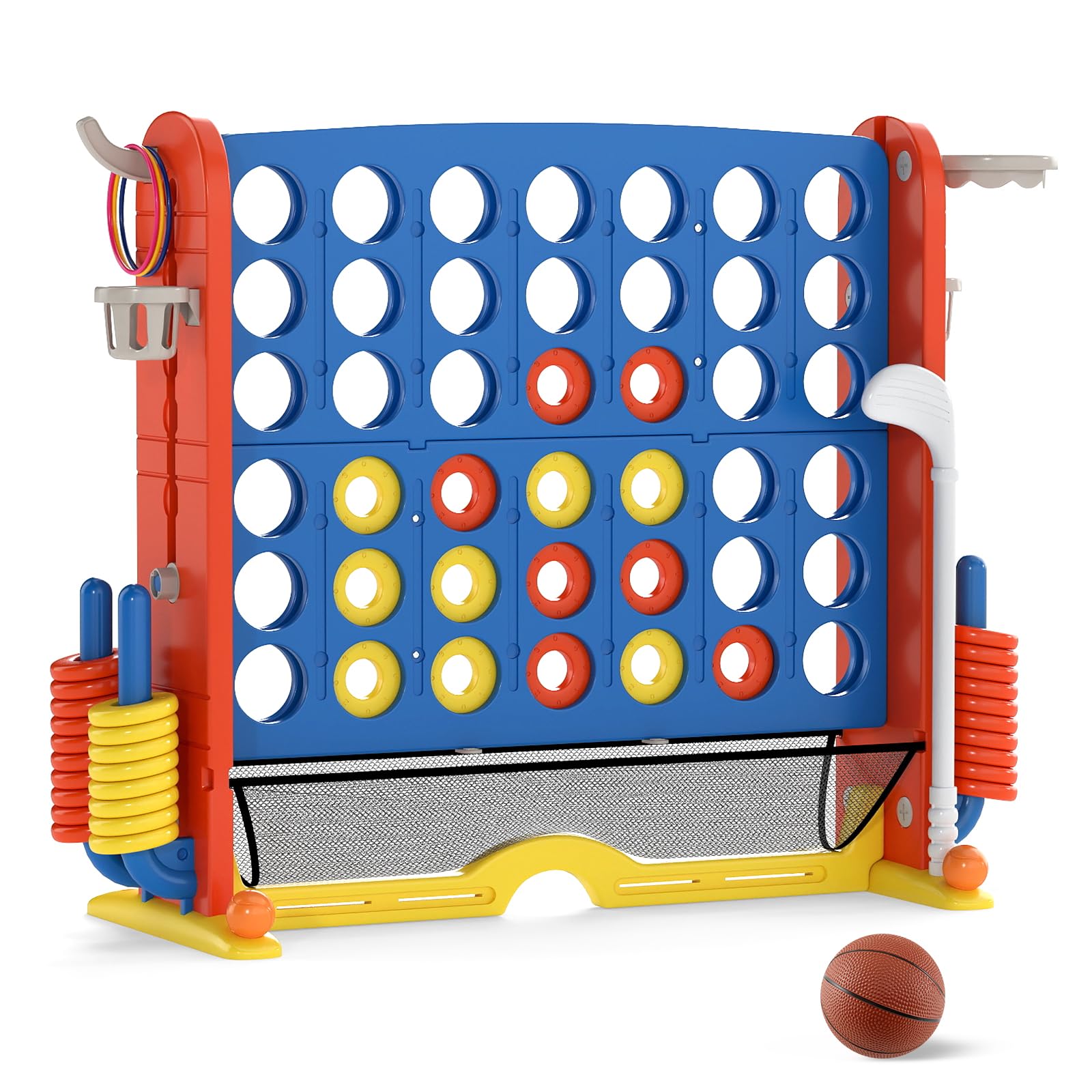 COSTWAY Giant Connect 4, Four in A Row Game Set including 42 Chess Rings, 3 Toss Rings, Basketball Hoop