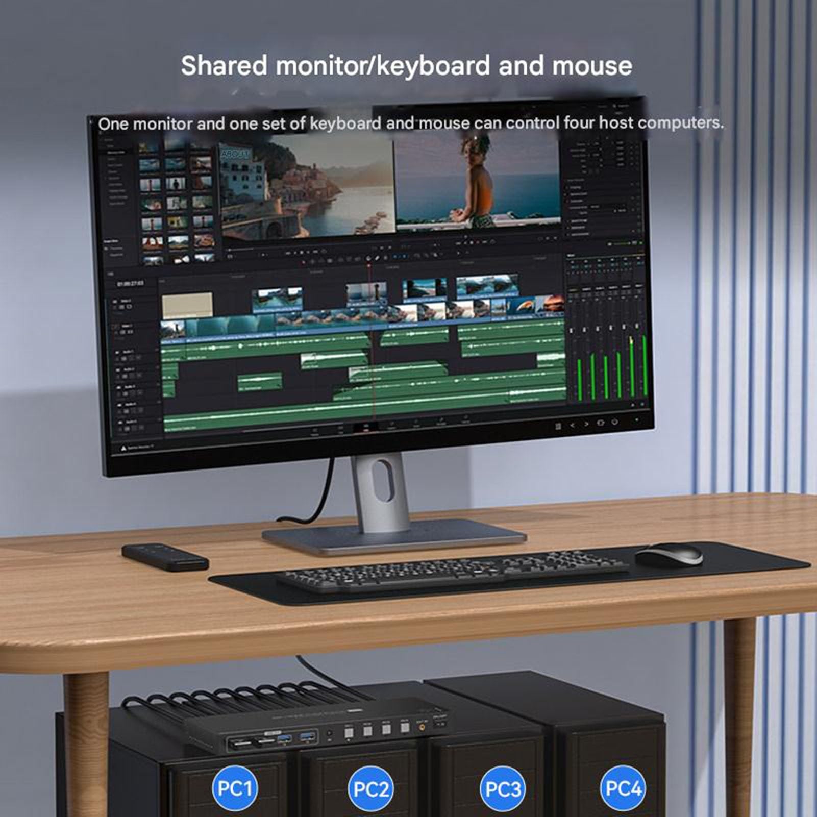 4-portowy przełącznik KVM z HDMI/DP, 8K 60 Hz, jeden zestaw myszy i klawiatury do sterowania czterema komputerami hosta współdzielonymi jednym monitorem; urządzenie do udostępniania drukarki