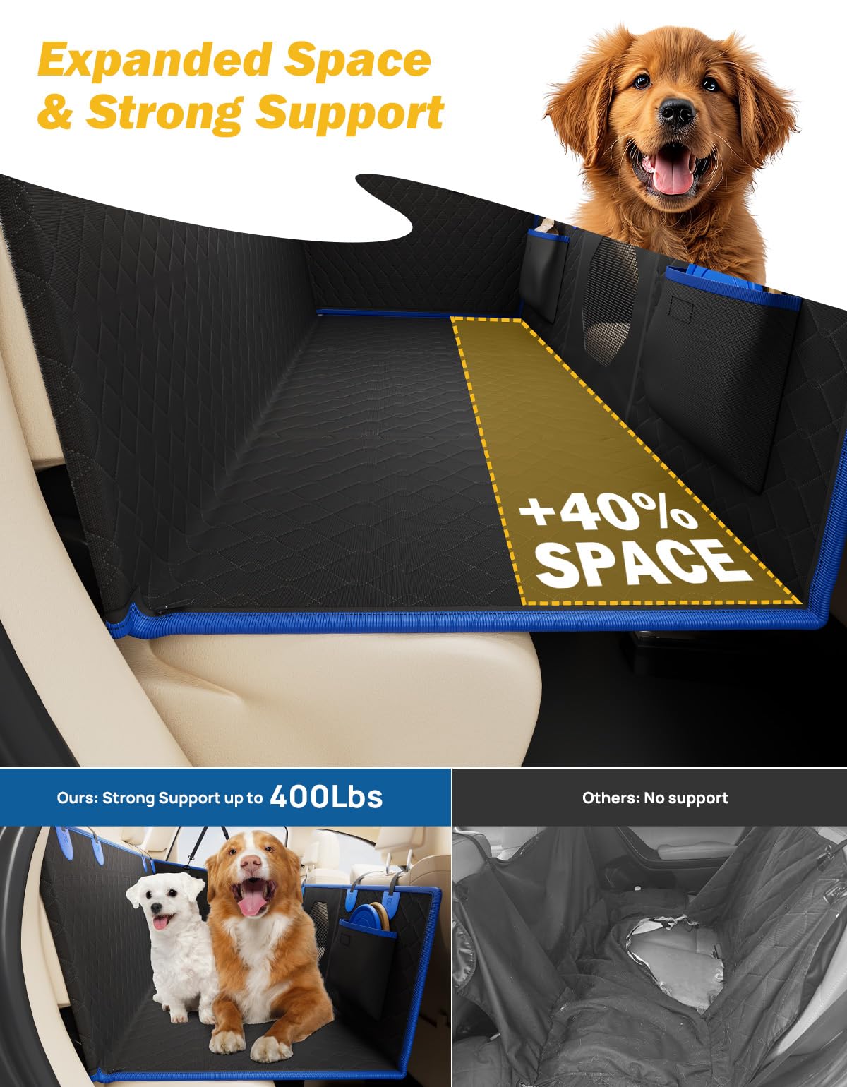 JOYTUTUS Hundedecke Auto Rücksitz, Harter Unterseite, wasserdichte und rutschfeste Autoschondecke Hund für Rückbank, mit Seitenschutz und Sichtfenster, für PKWs Auto SUV
