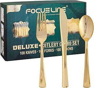 FOCUSLINE 300 Pack Gold Plastic Cutlery Set - 100 Forks, 100 Knives, 100 Spoons - Disposable Flatware Heavy Duty Plastic Silverware Set for Catering, Parties, Dinners, Weddings