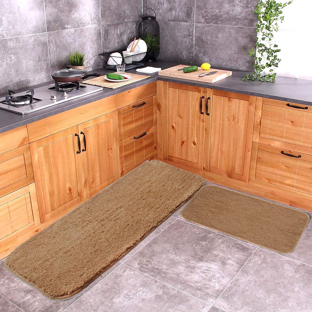 SKIVE India Super Soft Solid Mat and Runner with Anti Skid Backing,Colour Biege Set of 2 (40 x 120 & 40 x 60 cm)