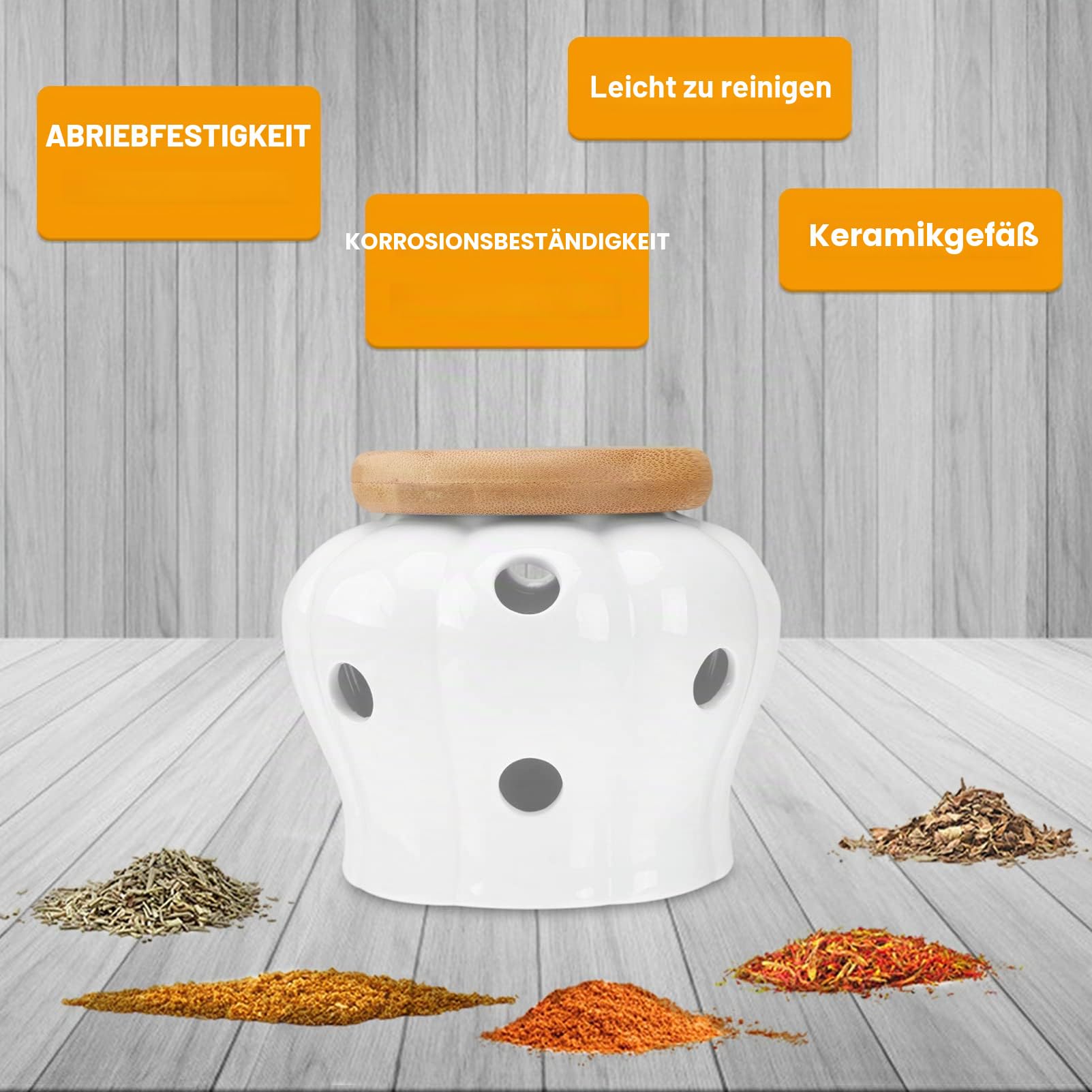 Yardwe Keramik Zwiebeltopf Knoblauch Vorratsdose mit Holz Deckel Kartoffeltopf Vorratstopf Vorratsbehälter Keramikdose Knoblauchtopf Zwiebeln Dose Kartoffeln Behälter für Ingwer Container
